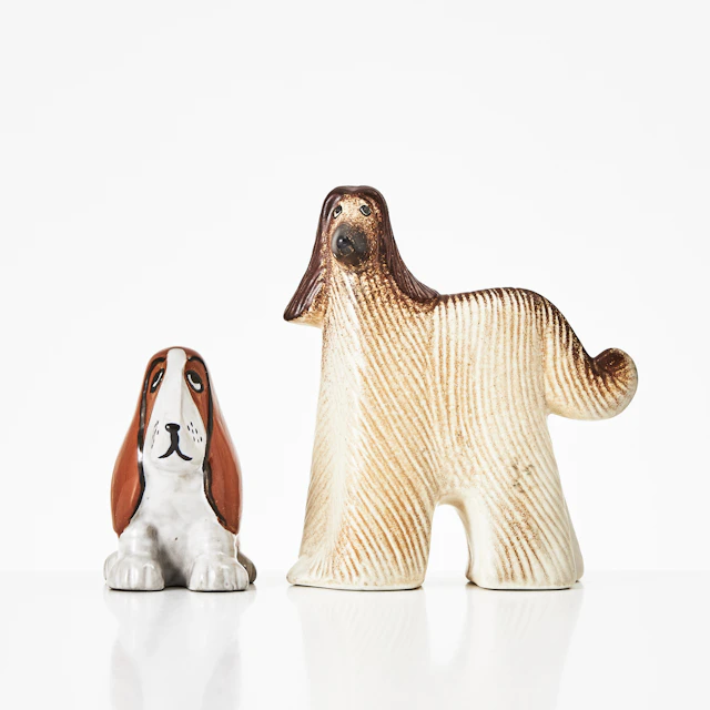 LISA LARSON. Figuriner, 2 st, basset och afghan ur serien "Vov", Gustavsberg.