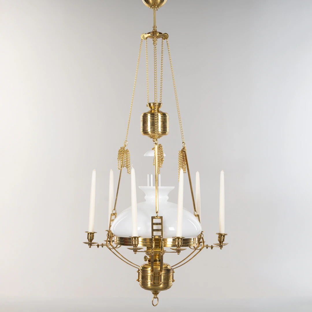 TAKFOTOGENLAMPA, "Tromtö", mässing och opalinglas, Karlskrona Lampfabrik.