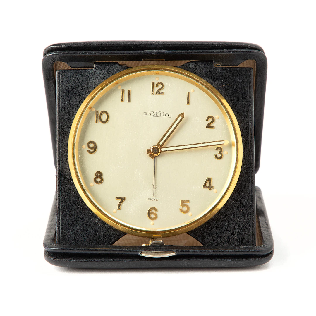 ANGELUS, 8 day, reseur med alarm, 80 mm, gulmetall, 1940-tal.