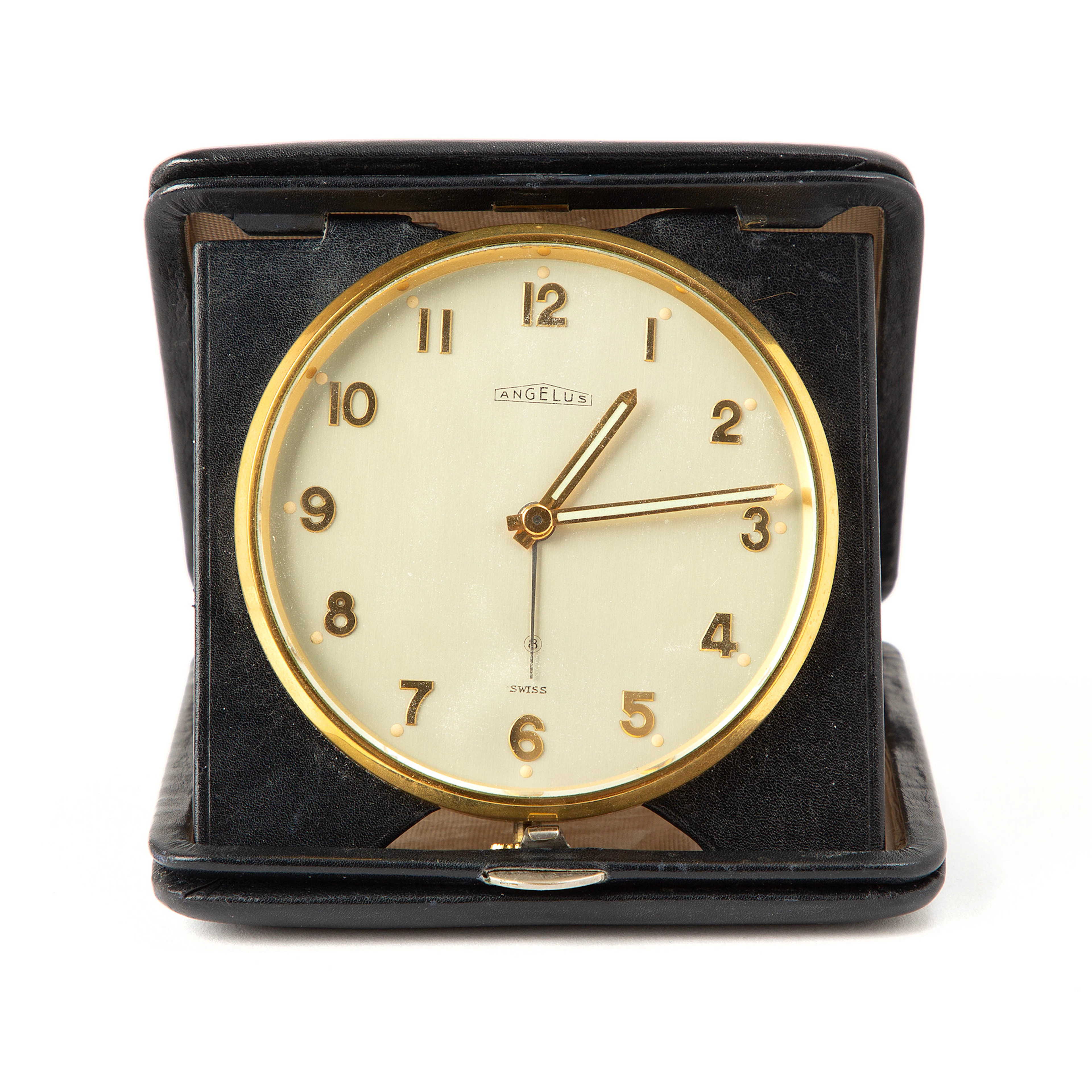 ANGELUS, 8 day, reseur med alarm, 80 mm, gulmetall, 1940-tal.