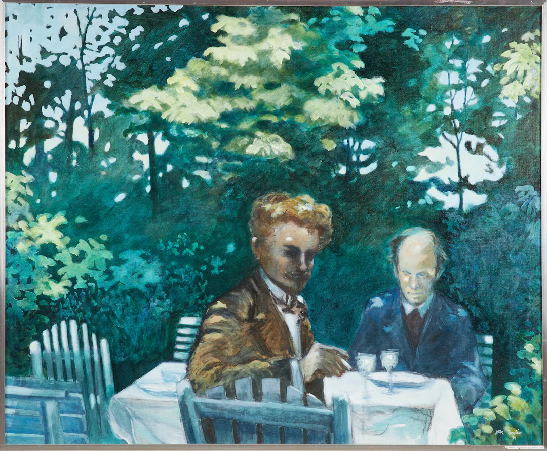 OLLE BERLIN (1932-2021). "August Strindberg med Gunnar Ekelöf", olja