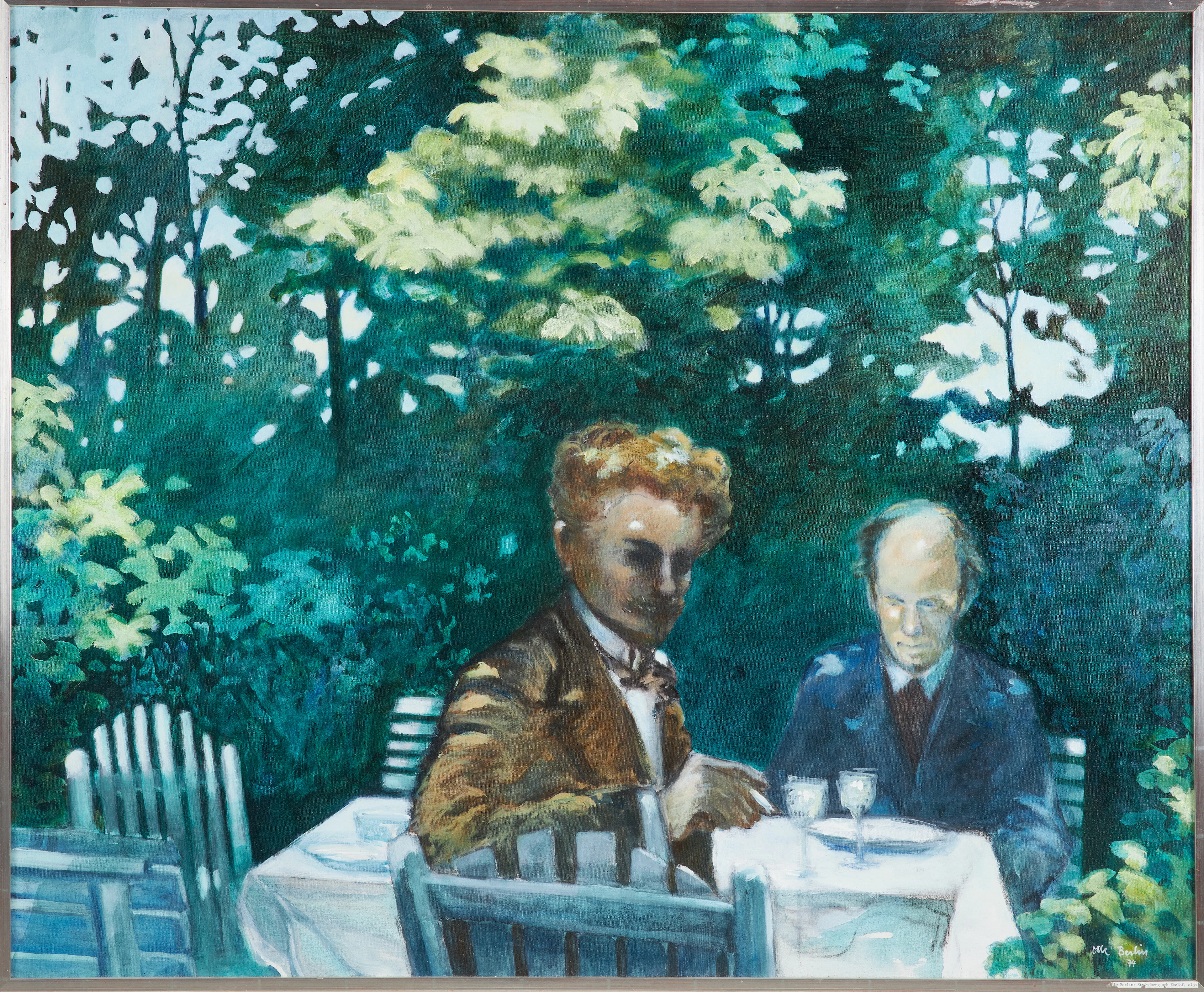 OLLE BERLIN (1932-2021). "August Strindberg med Gunnar Ekelöf", olja