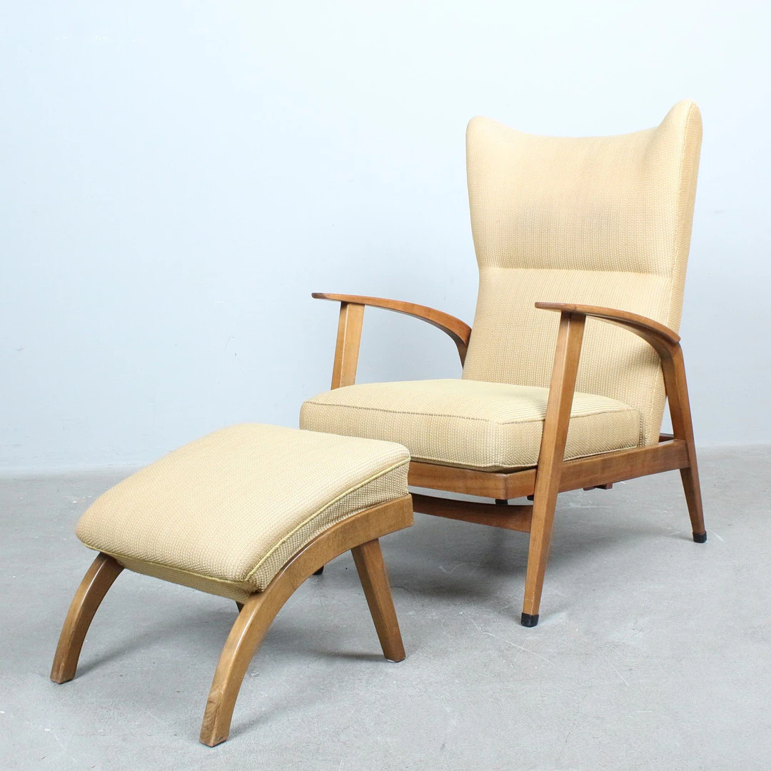 KNOLL ANTIMOTT. Sessel / Lounge Chair und Ottoman, Holz, Stoff, Deutschland