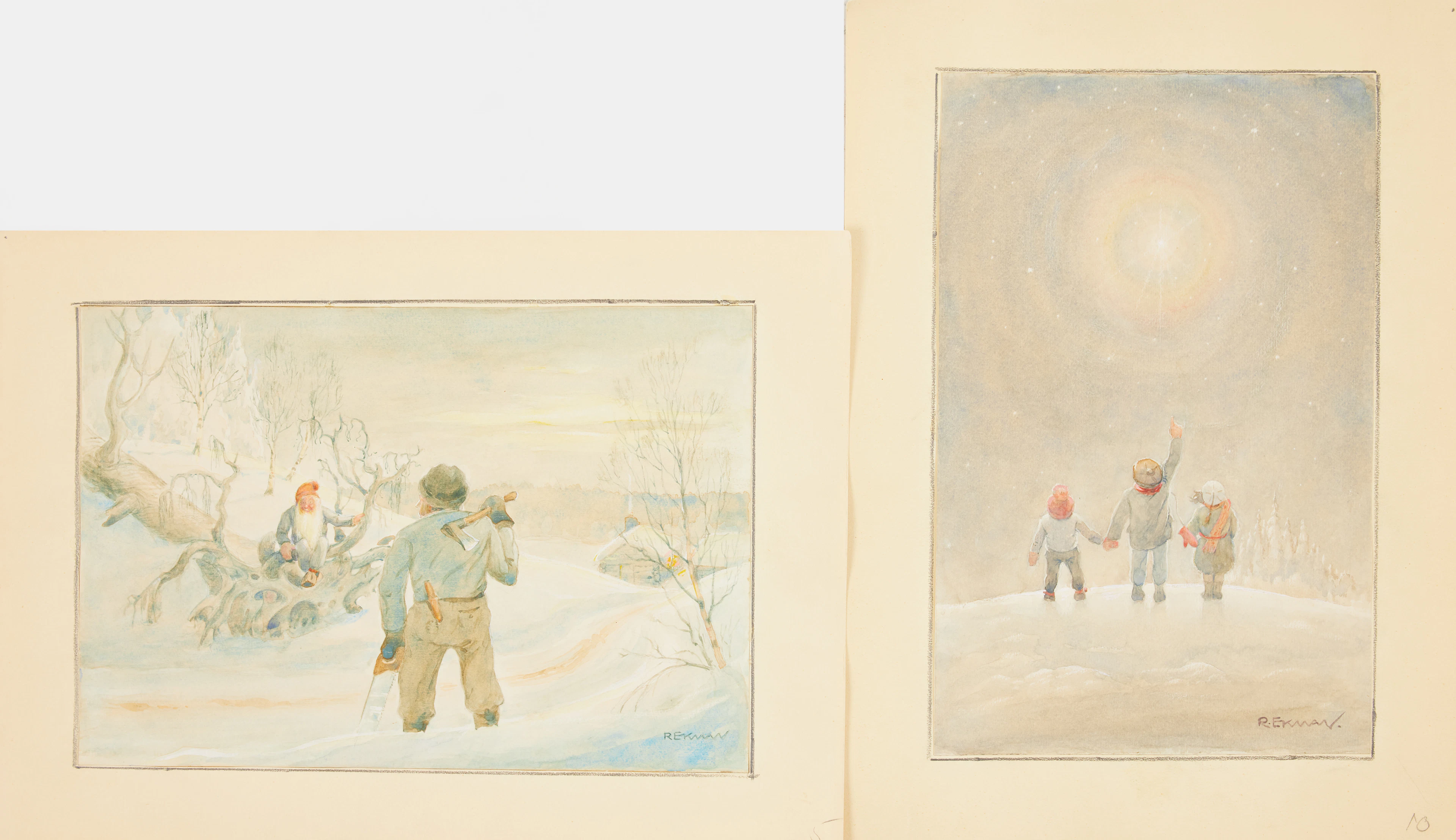 RICHARD EKMAN (1874-1954). Julmotiv, 2 st, akvarell på papper, signerad