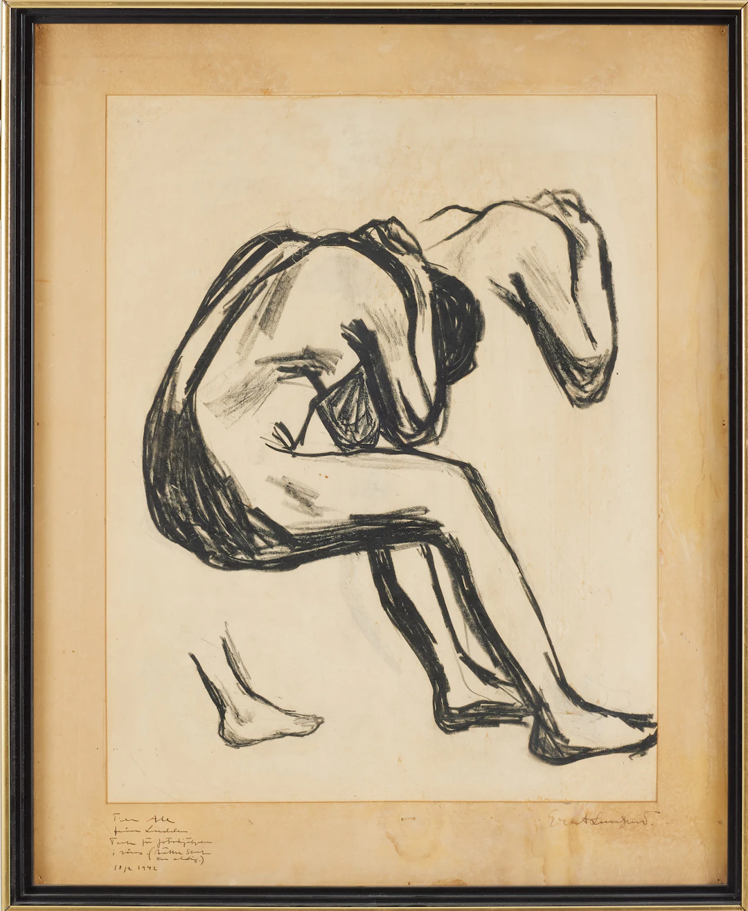 EVERT LUNDQUIST. Figurstudie, teckning, signerad, med dedikation.