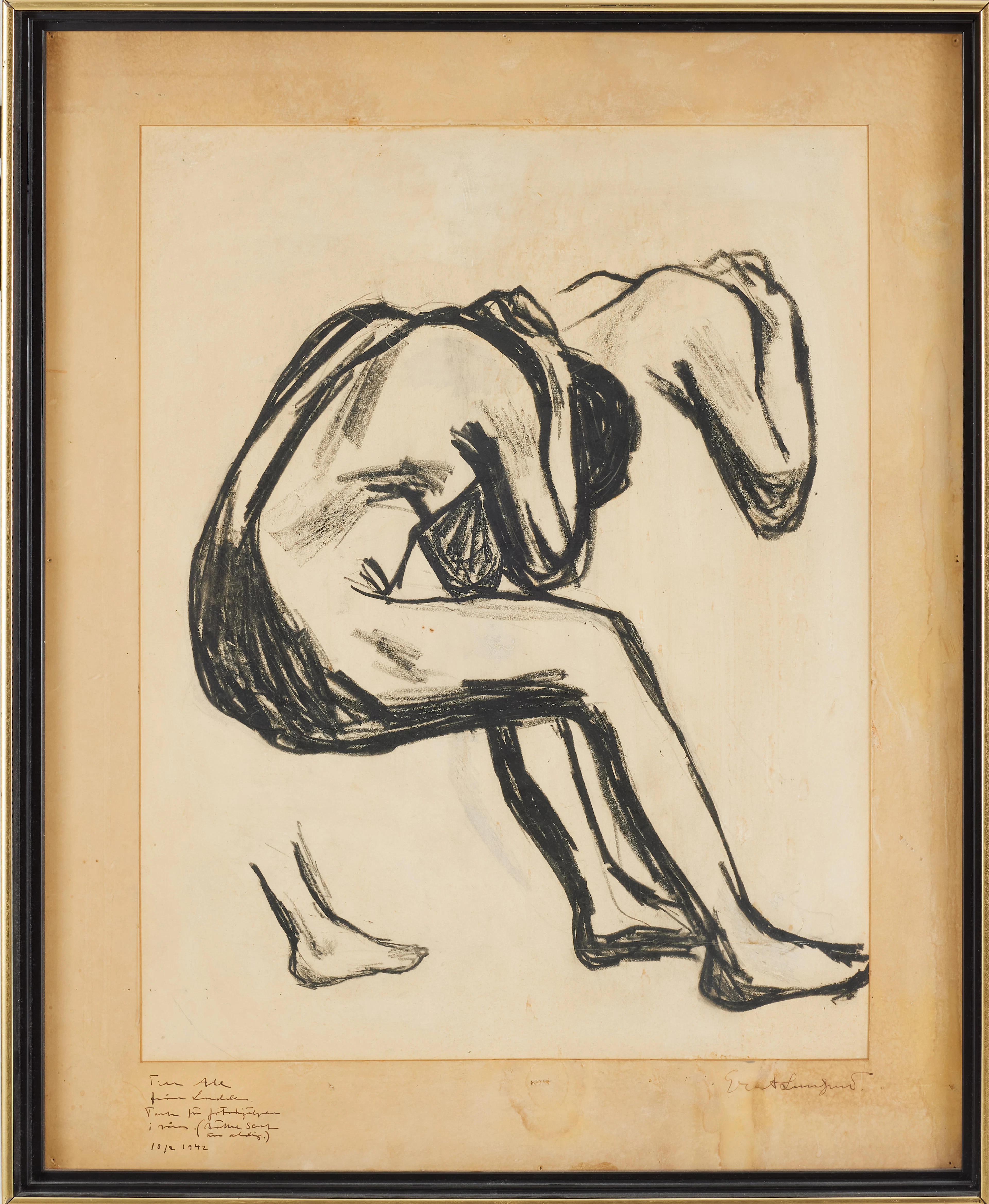 EVERT LUNDQUIST. Figurstudie, teckning, signerad, med dedikation.