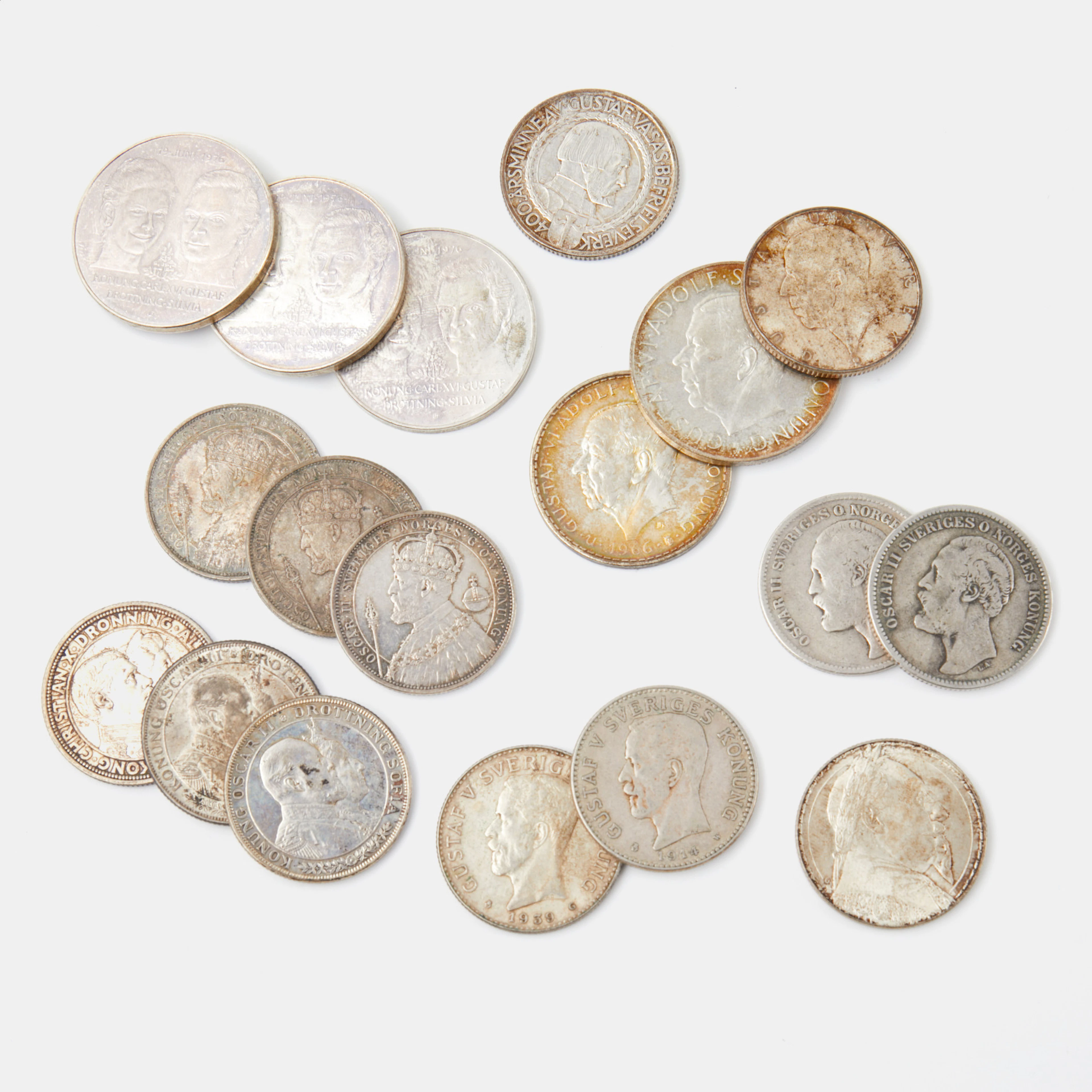 SILVERMYNT, 18 st, svenska 2-kronor, 5-kronor, jubileumsmynt, enstaka