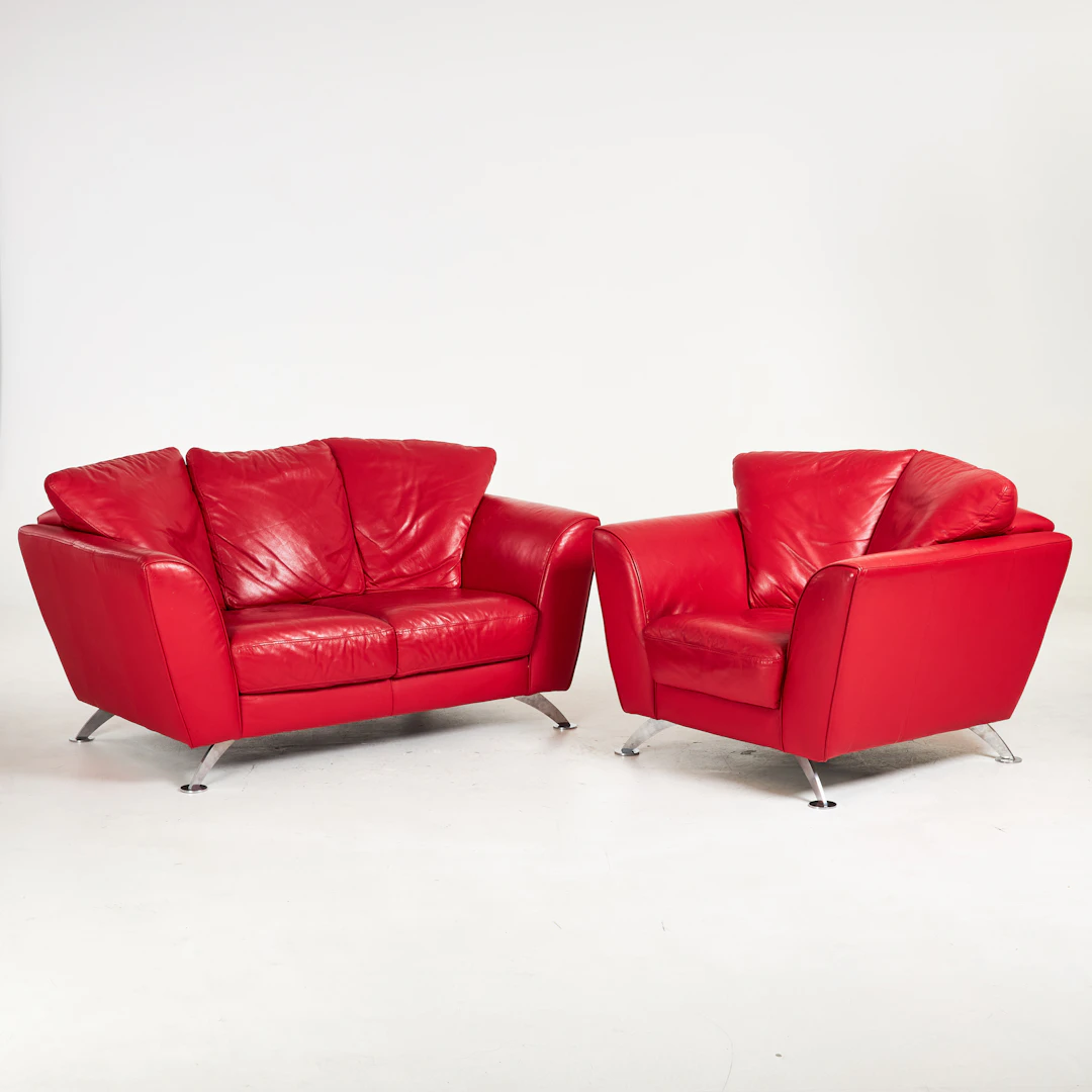 SOFFA SAMT FÅTÖLJ, "Natuzzi", Italien, röd skinnklädsel, förkromad