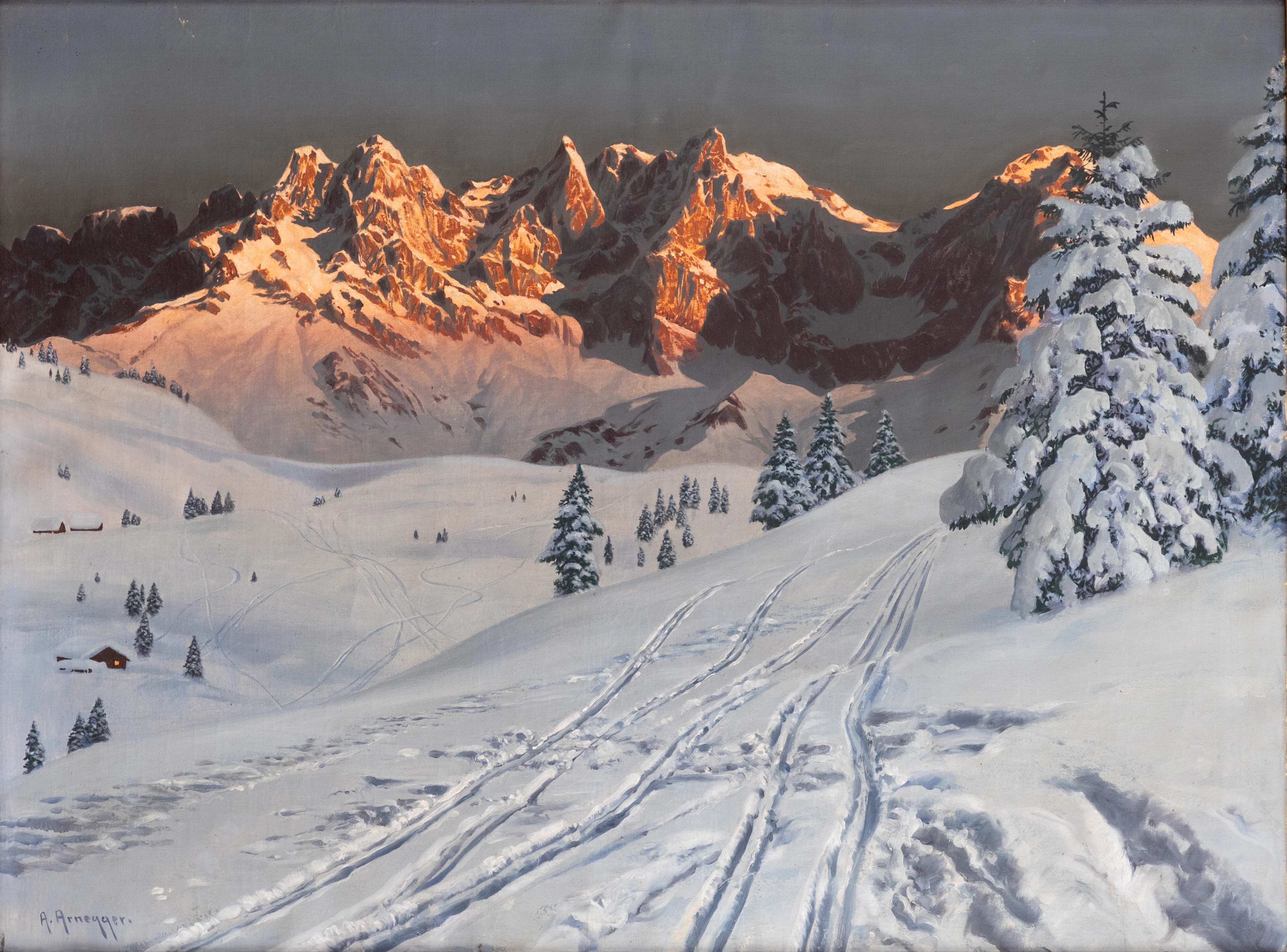 ALOIS ARNEGGER (1879-1963). Abendstimmung am Wilden Kaiser bei Kitzbühel.