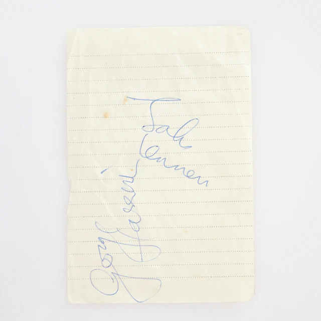 JOHN LENNON & GEORGE HARRISON. Signaturer, 1965, i bläck på linjerat papper.