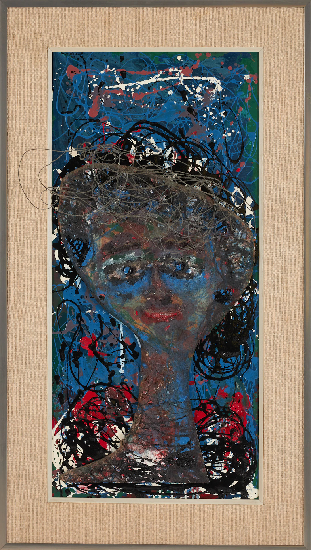 STIEG JÖNSSON. Figurkomposition, collage, applikation med metalltråd