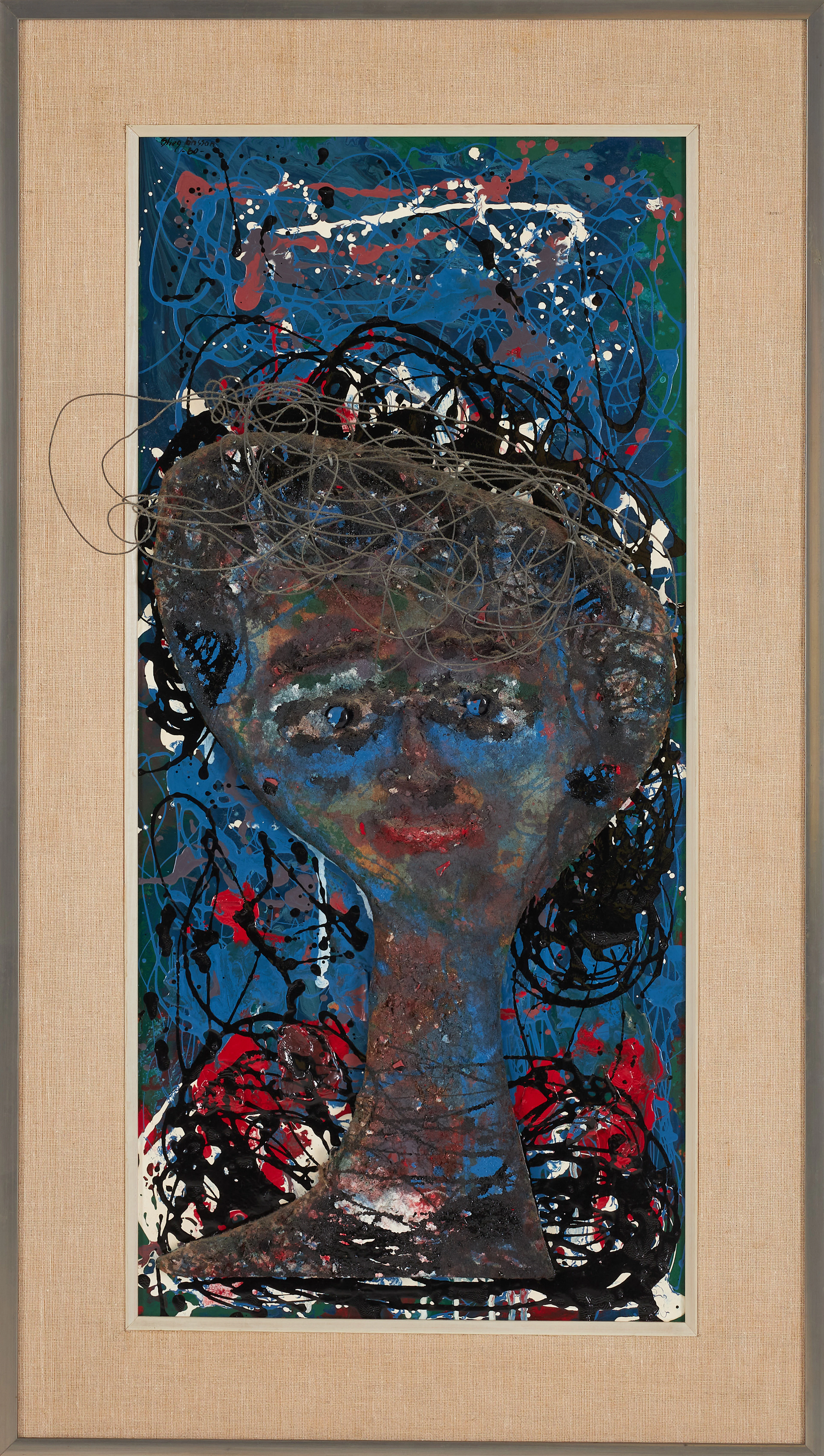STIEG JÖNSSON. Figurkomposition, collage, applikation med metalltråd