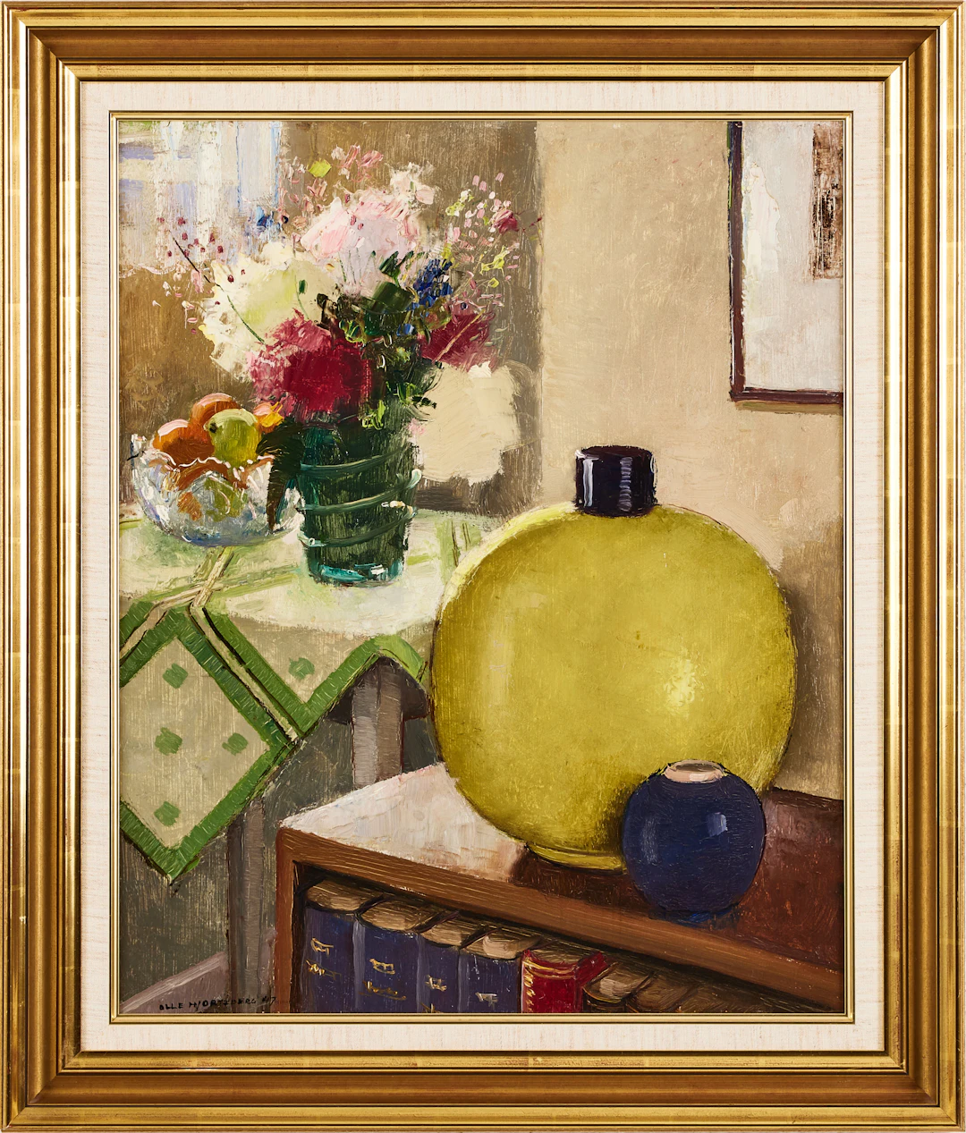 OLLE HJORTZBERG. Interiör med blomsterstilleben.