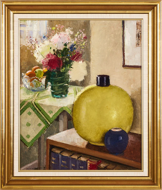 OLLE HJORTZBERG. Interiör med blomsterstilleben.