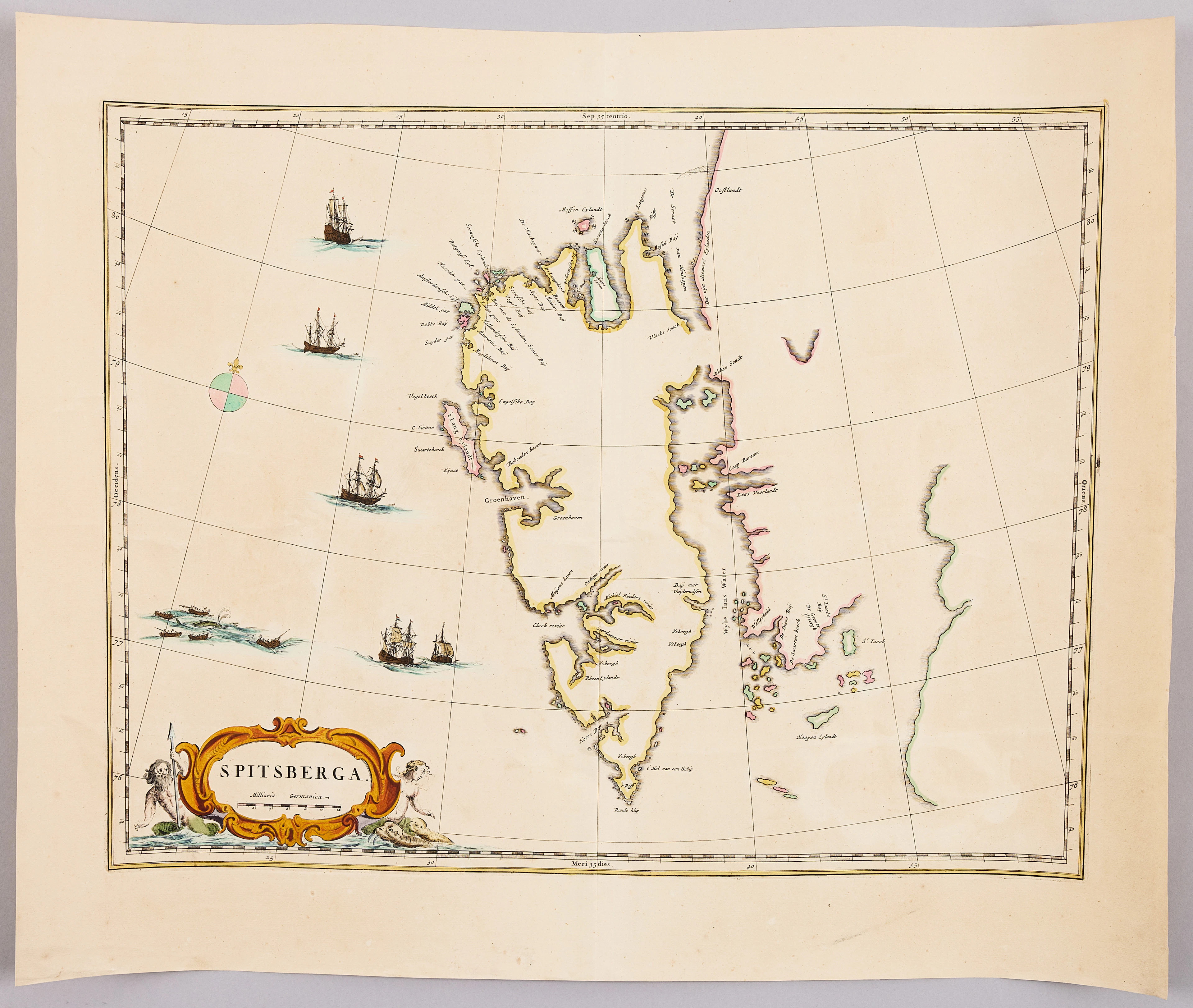 KARTA ÖVER SPETSBERGEN (SVALBARD) OCH NORGE AV BLAEU, 1664.