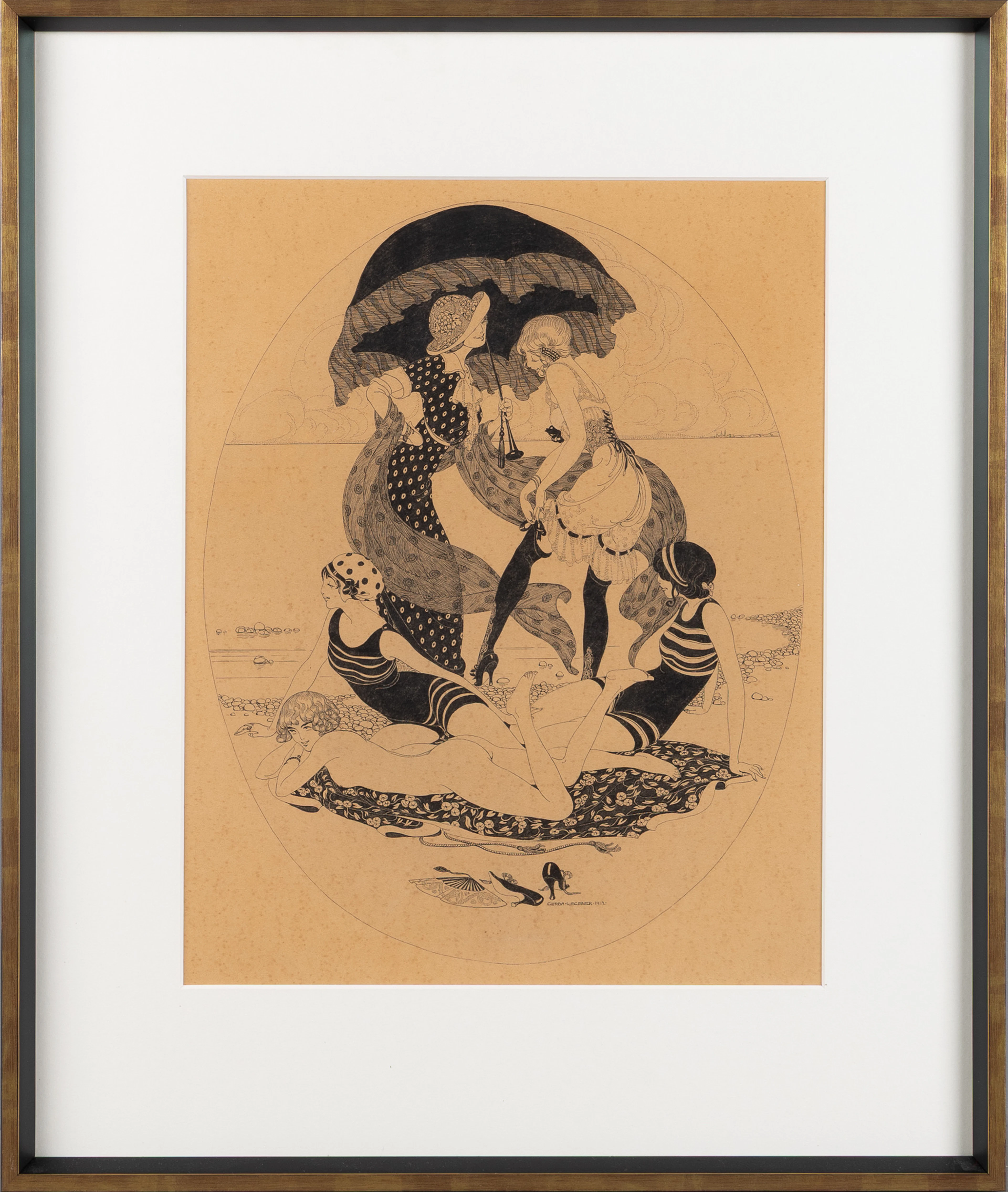 GERDA WEGENER. Komposition med badande kvinnor på stranden, tusch