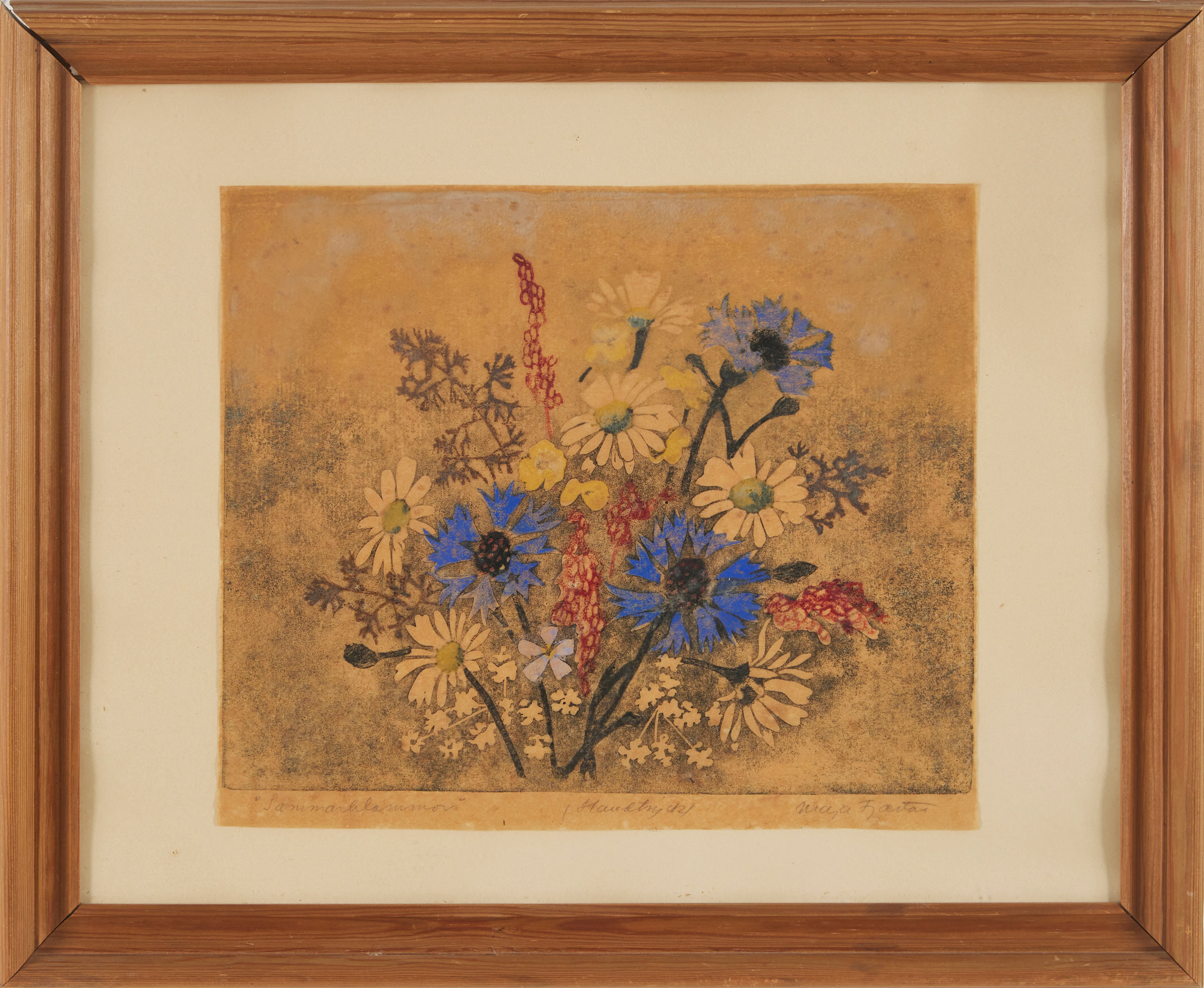 MAJA FJAESTAD. "Sommarblommor" träsnitt, signerad.