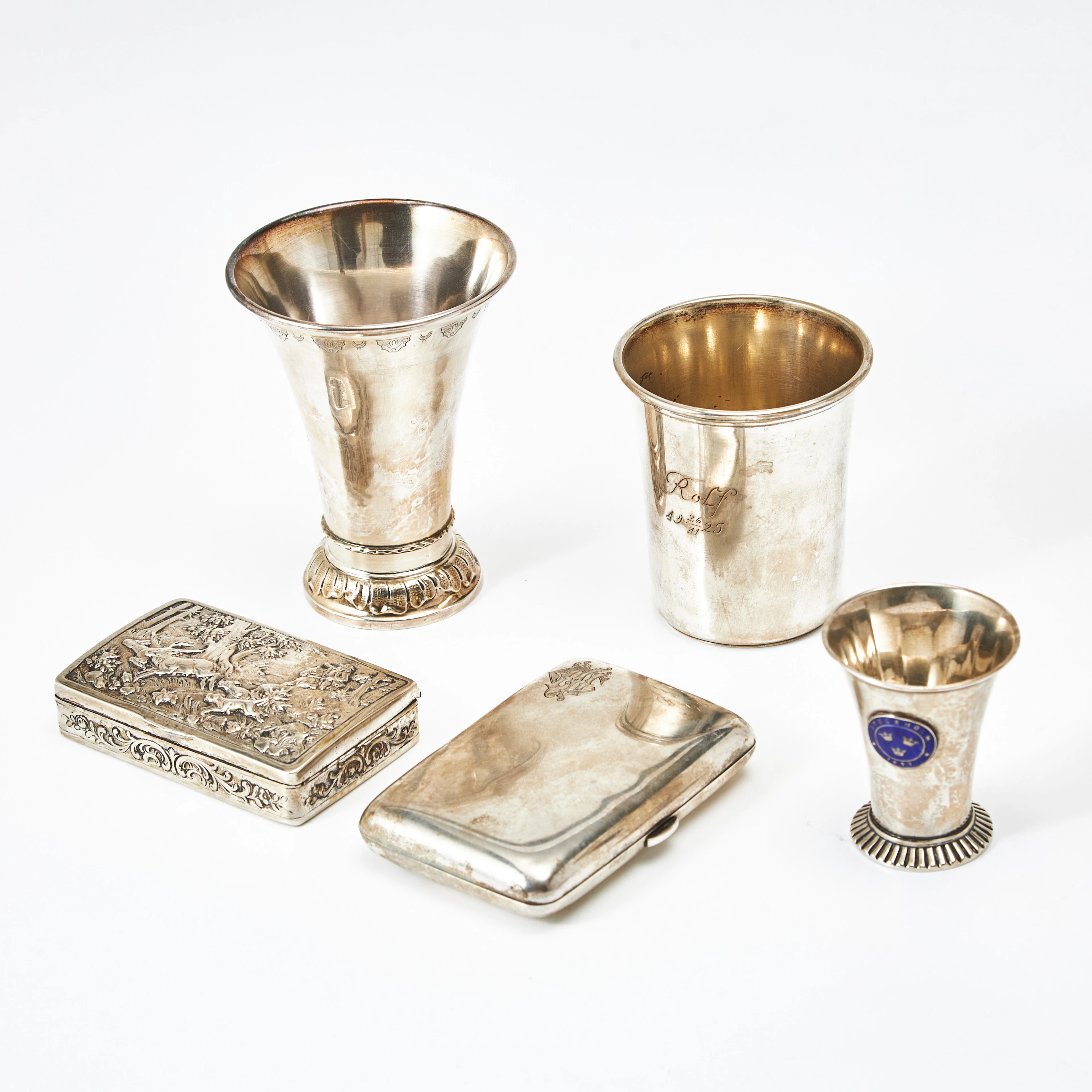BÄGARE, POKALER, 3 st., DOSOR, 2 st., silver, 1900-tal, Sverige.
