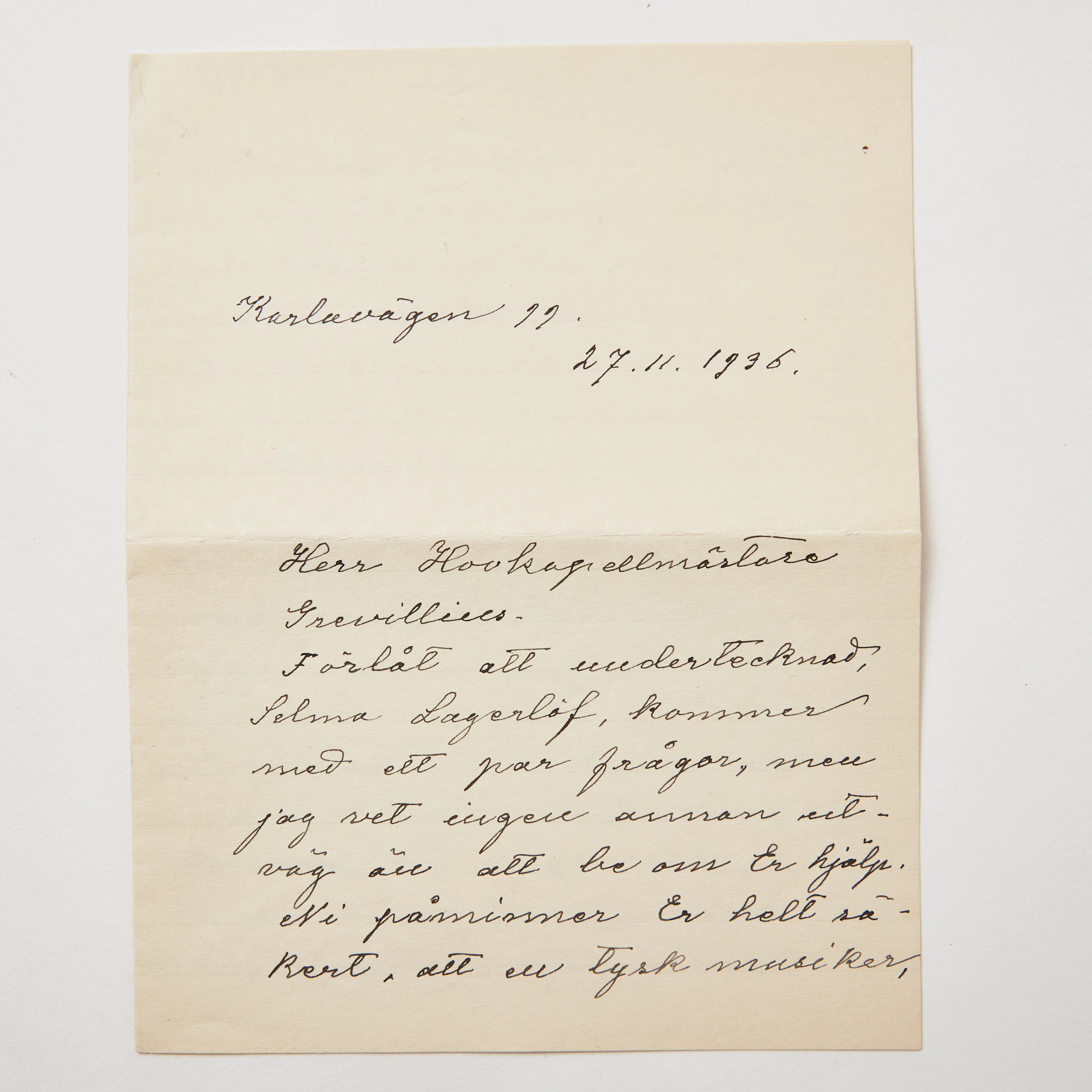SELMA LAGERLÖF, BREV TILL HOVKAPELLMÄSTARE GREVILLIUS, 1936.