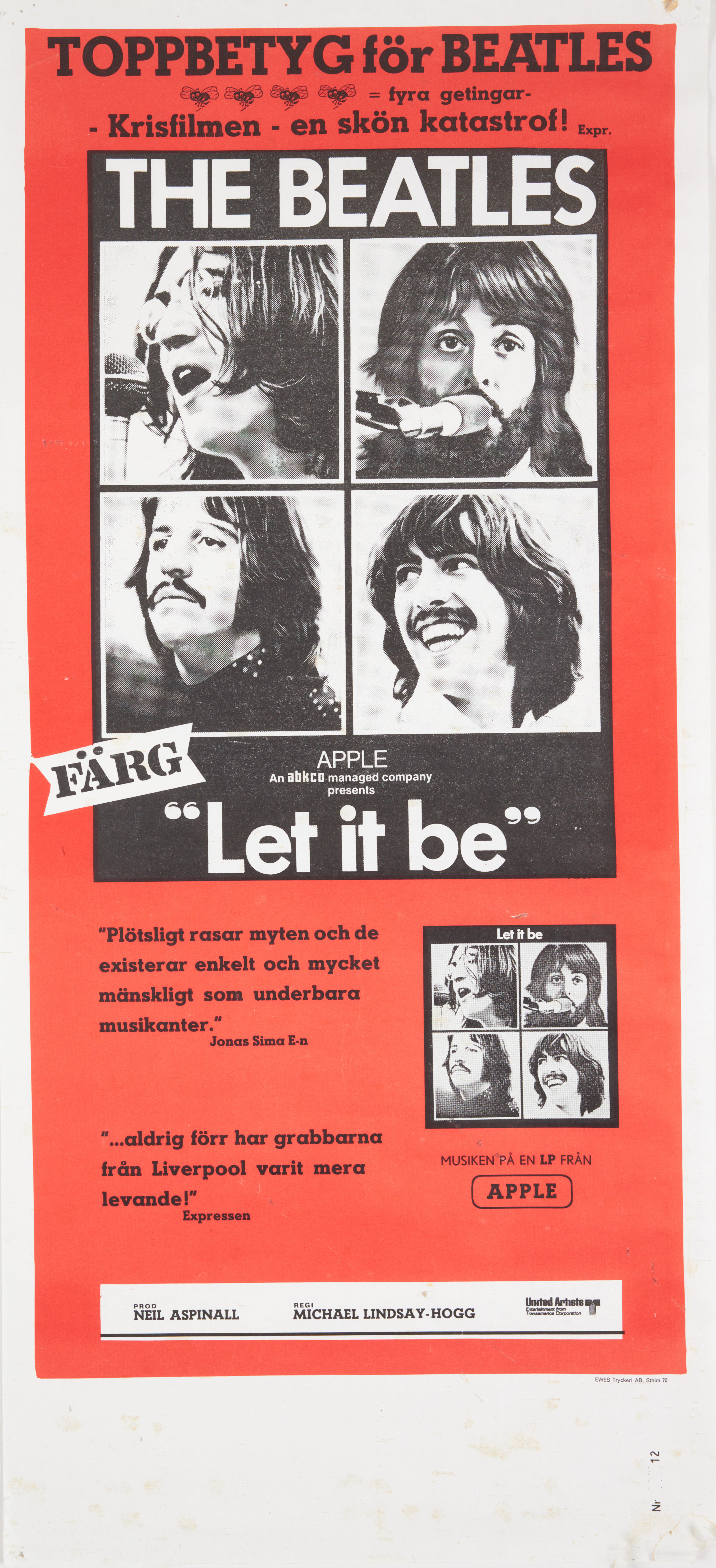 THE BEATLES, svensk filmaffisch, "Let it be", märkt EWES Tryckeri