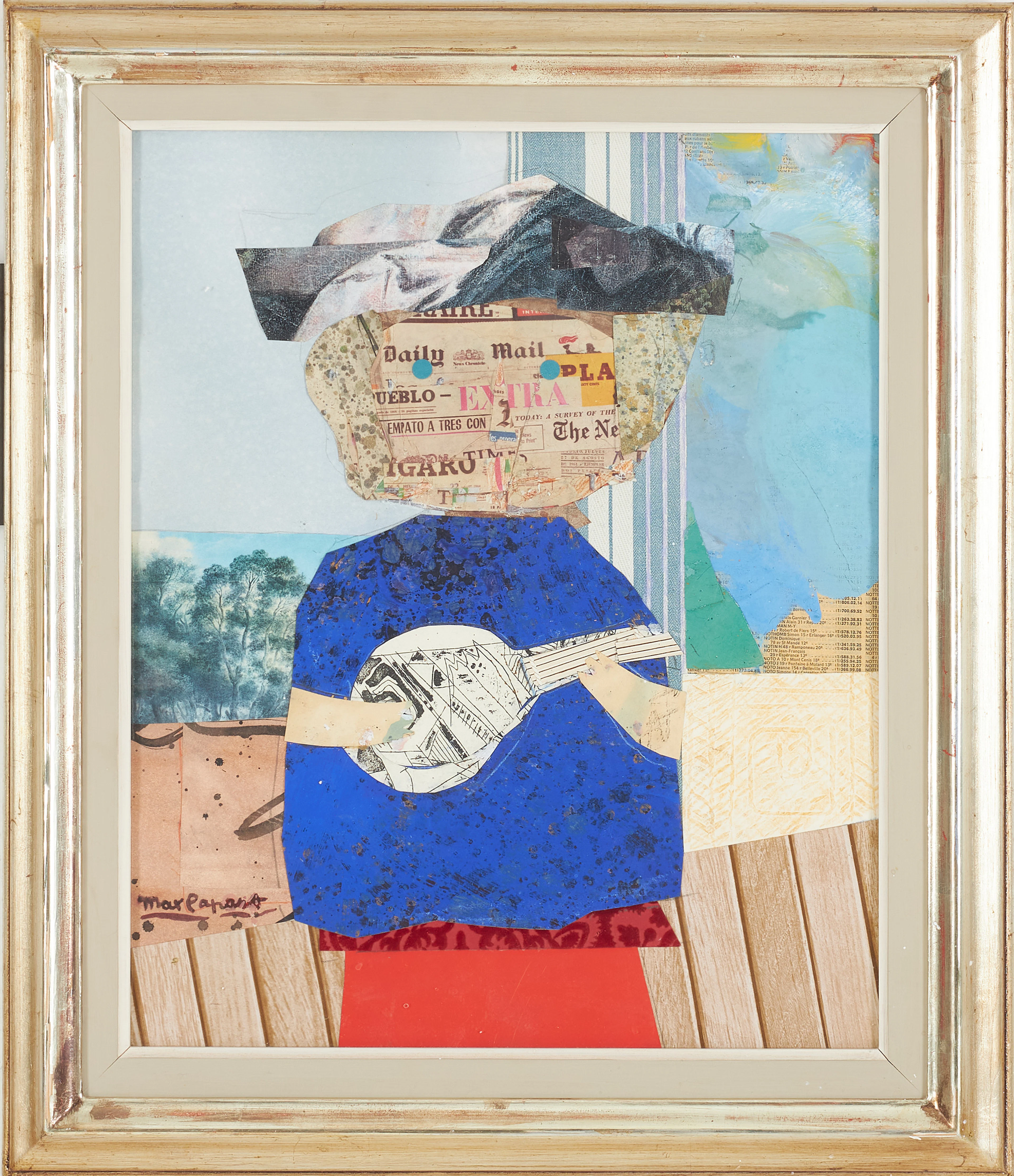 MAX PAPART. Banjo newspaper lady, blandteknik collage, signerad.