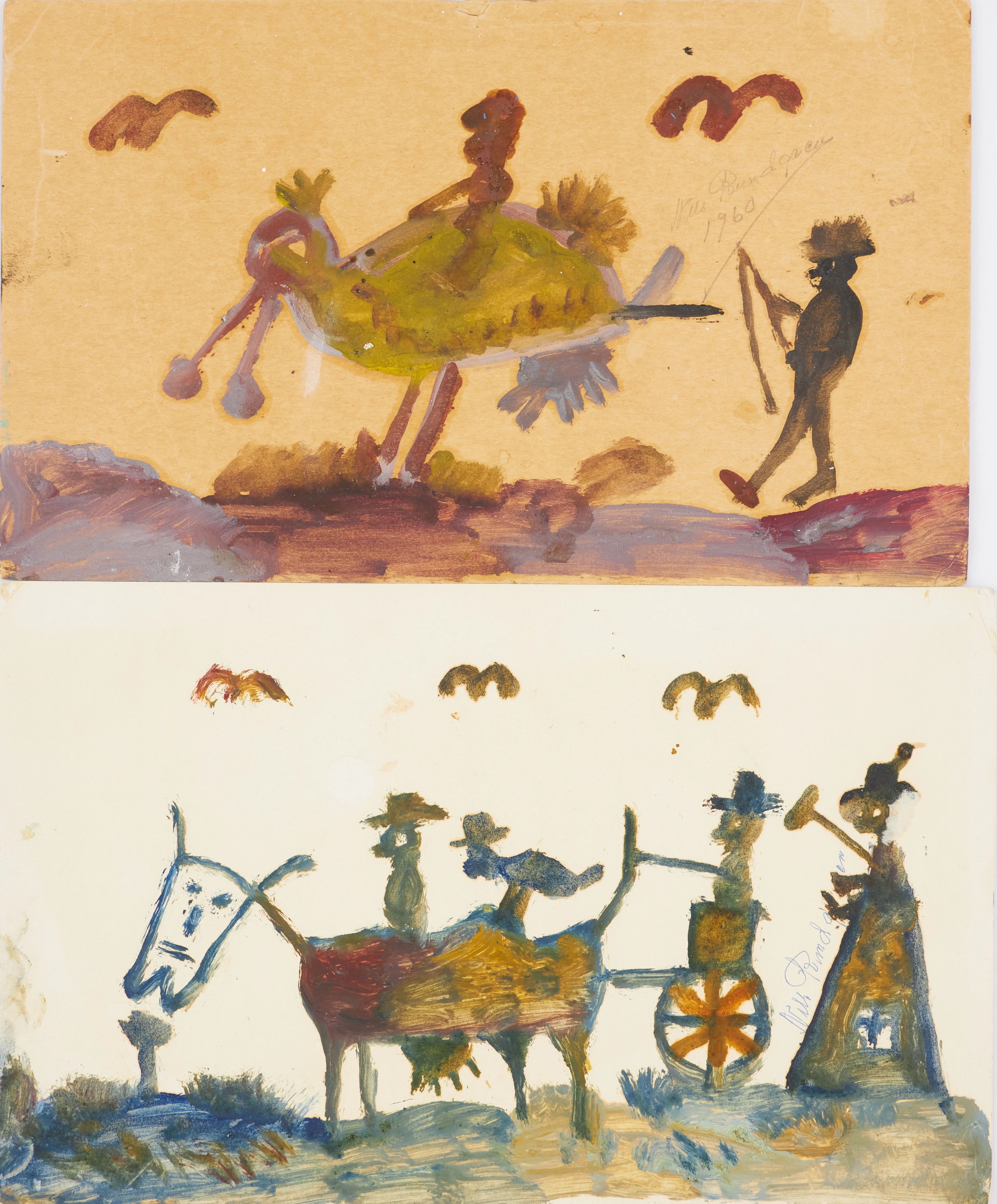 ILS BJÖRNJÄGARN RUNDGREN. 2 st, figurmotiv, gouache på papper, ena