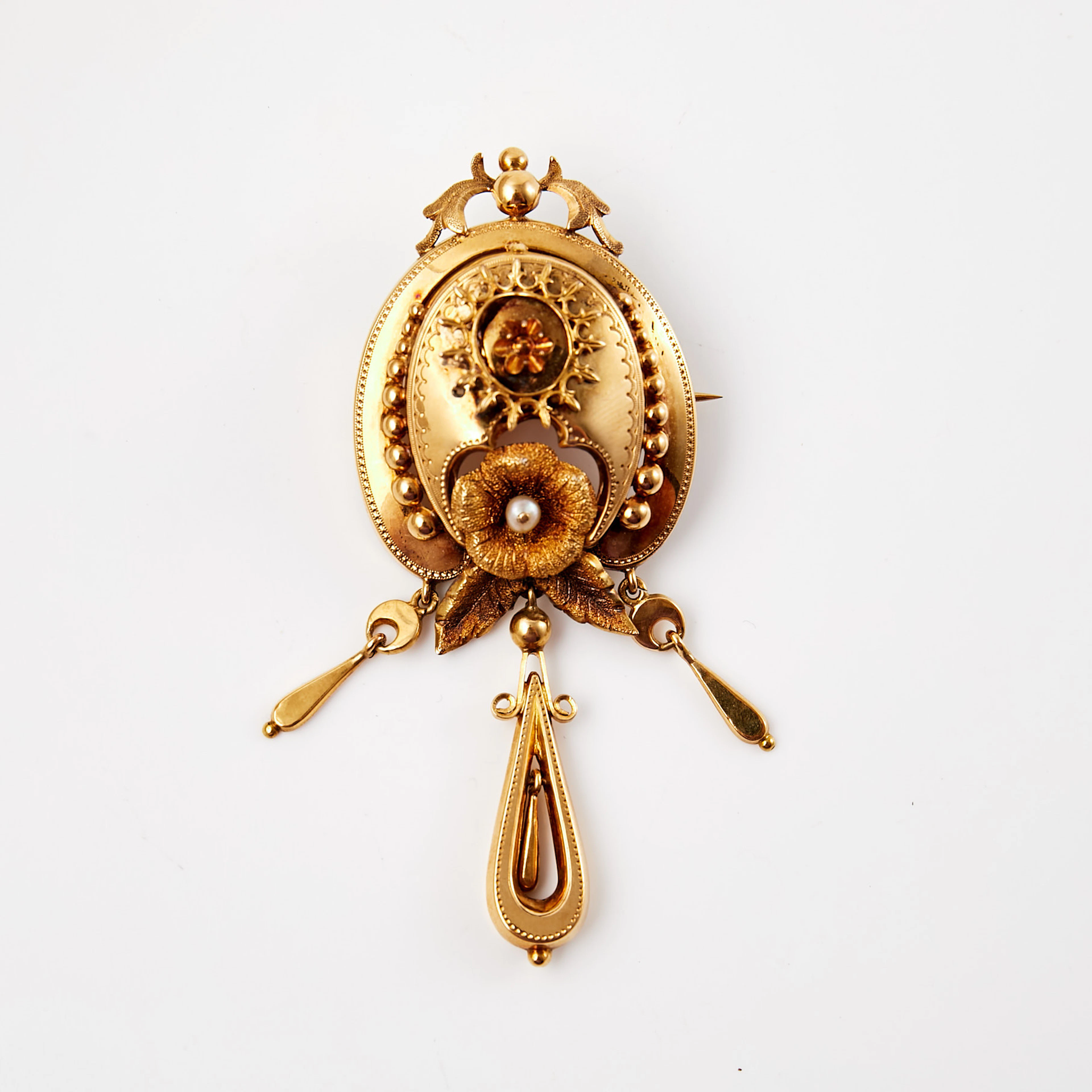 BROSCH, 18 k guld, 1 orientalisk pärla, Gustaf Dahlgren 1845-1875, Malmö 1874.