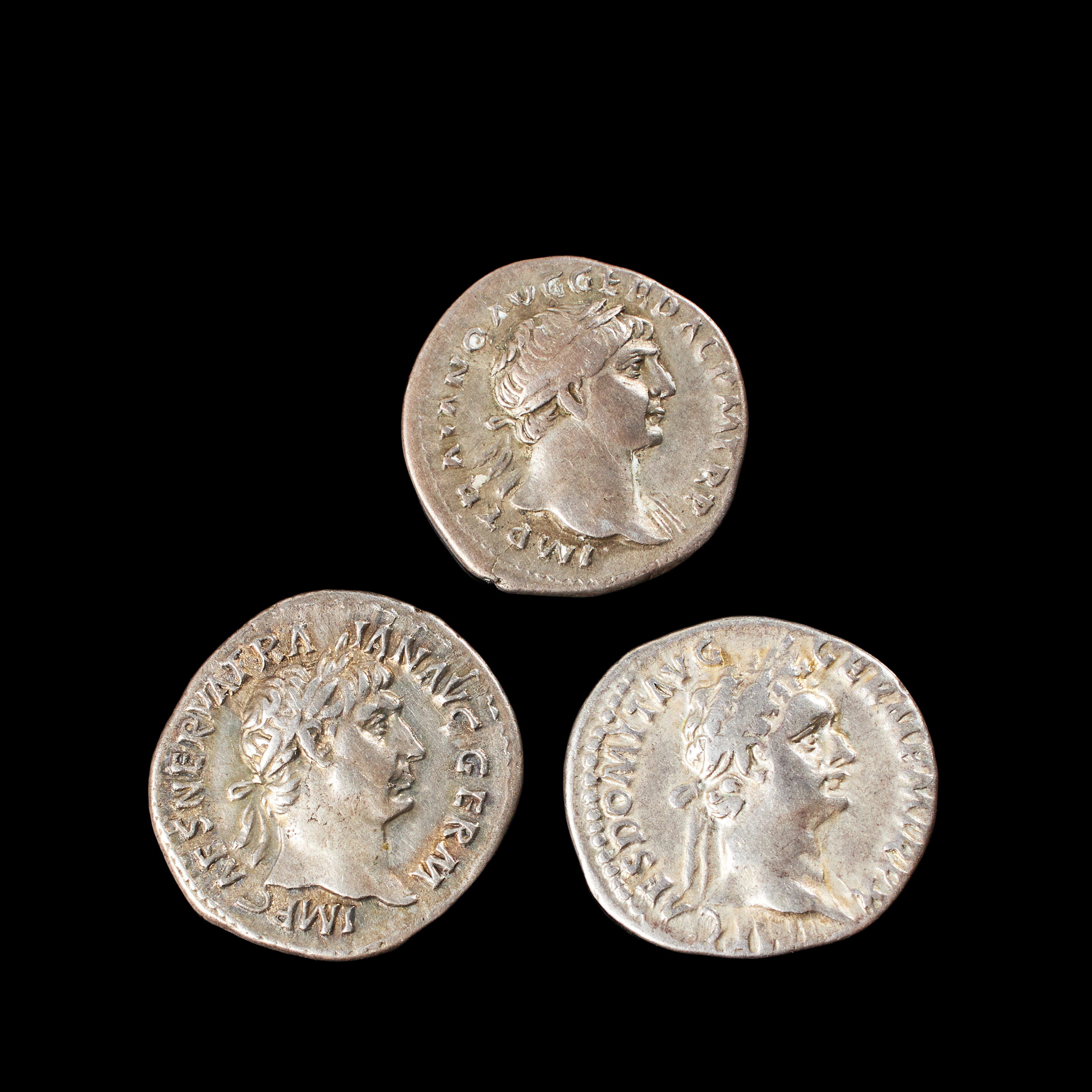 SILVERMYNT, 3 st, romerska, Trajanus, denarer, präglade i Rom mellan