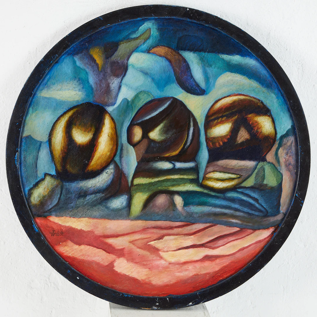 ANDREZJ PUTRYM (1944-1990). Surrealistisk komposition, olja på pannå.