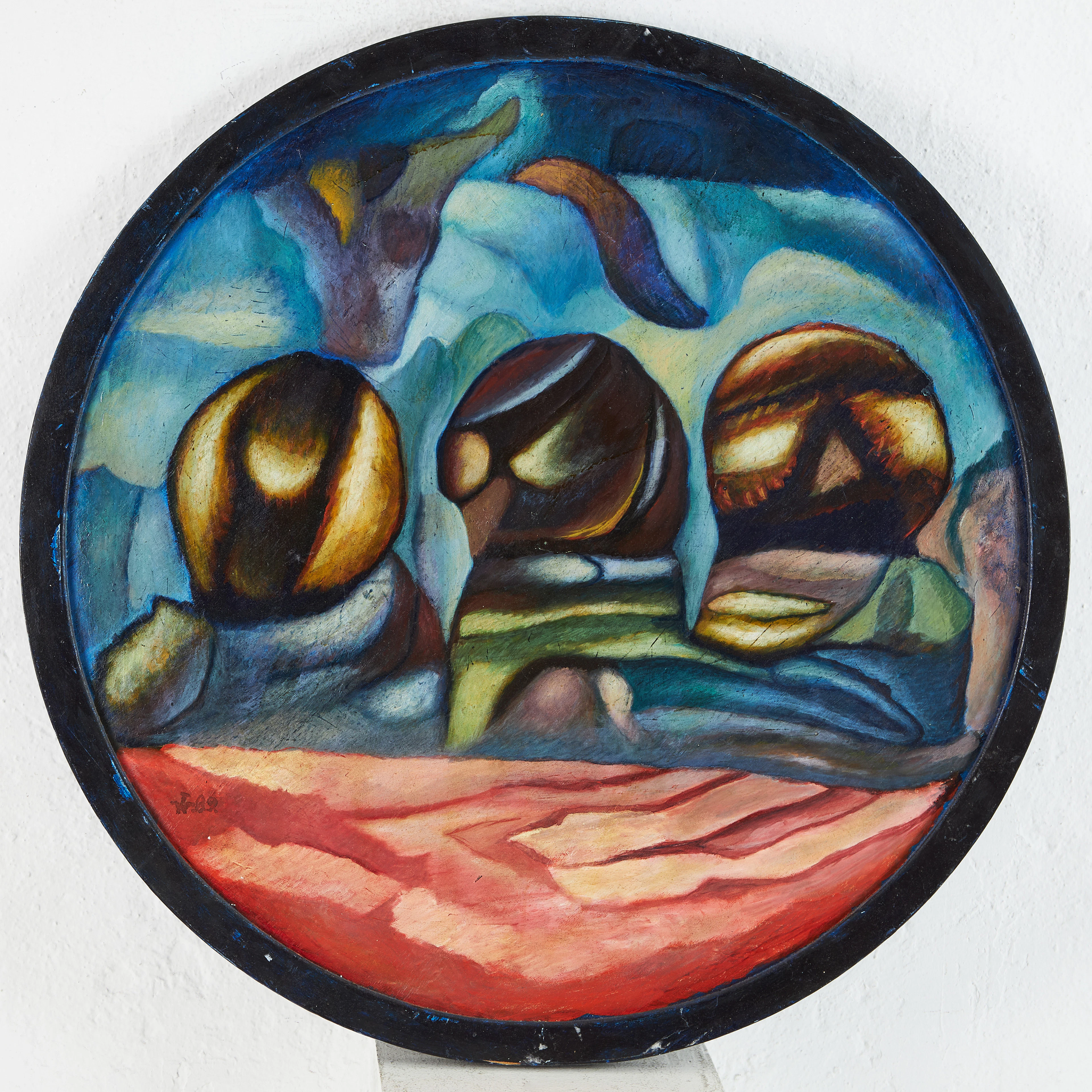 ANDREZJ PUTRYM (1944-1990). Surrealistisk komposition, olja på pannå.