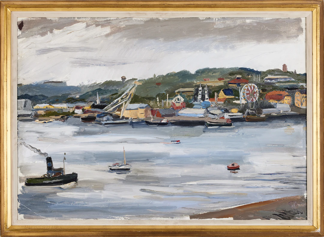 GÖRAN BRUNIUS. Djurgården från Fjällgatan, monogramsignerad, olja på duk.