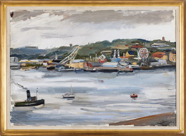 GÖRAN BRUNIUS. Djurgården från Fjällgatan, monogramsignerad, olja på duk.