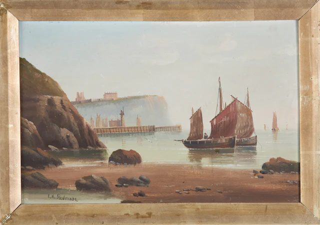 EDWARD KING REDMORE. Kustmotiv med båtar, olja på pannå, signerad.