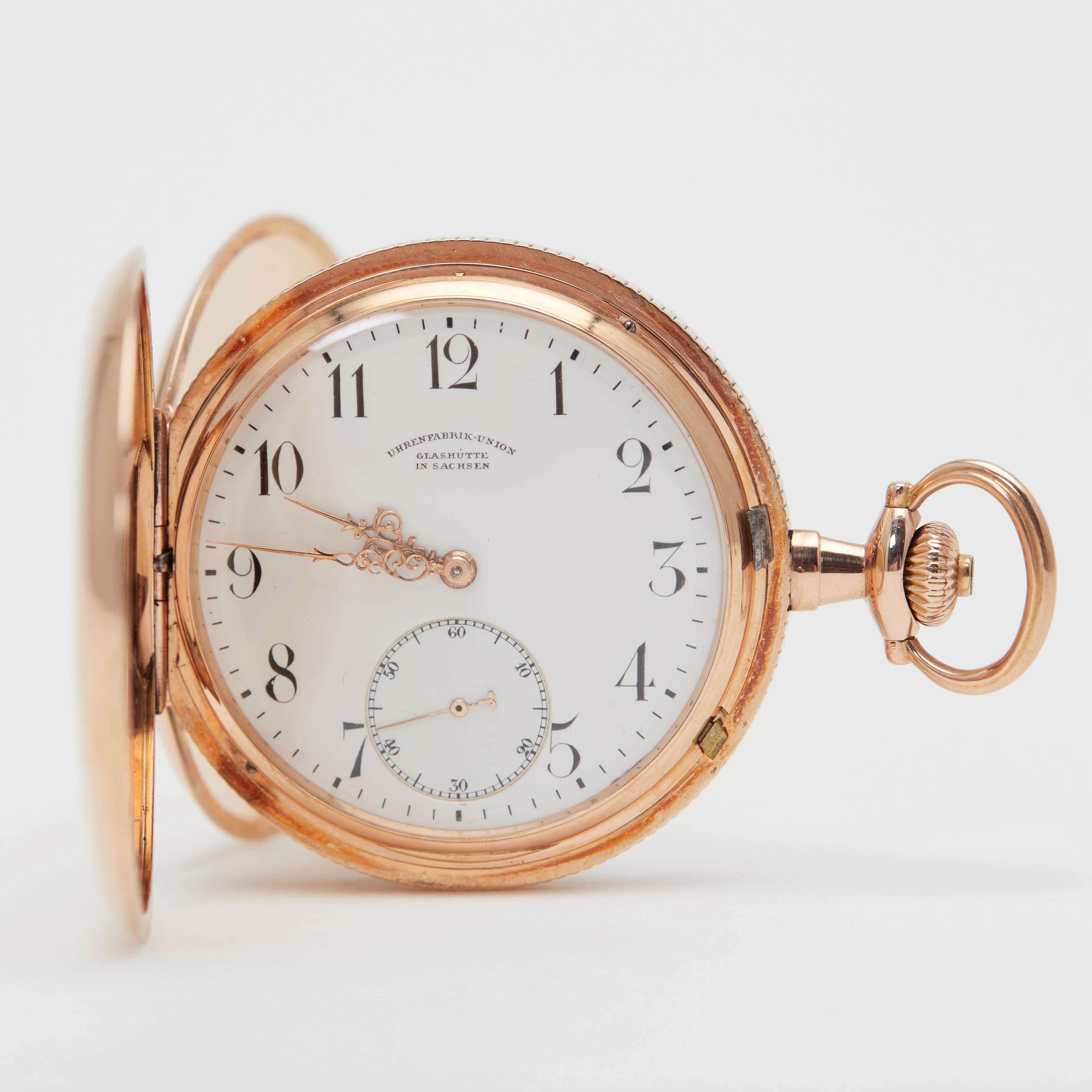 UNION, GLASHÜTTE. Savonnette-Taschenuhr mit Kette, 585er Roségold