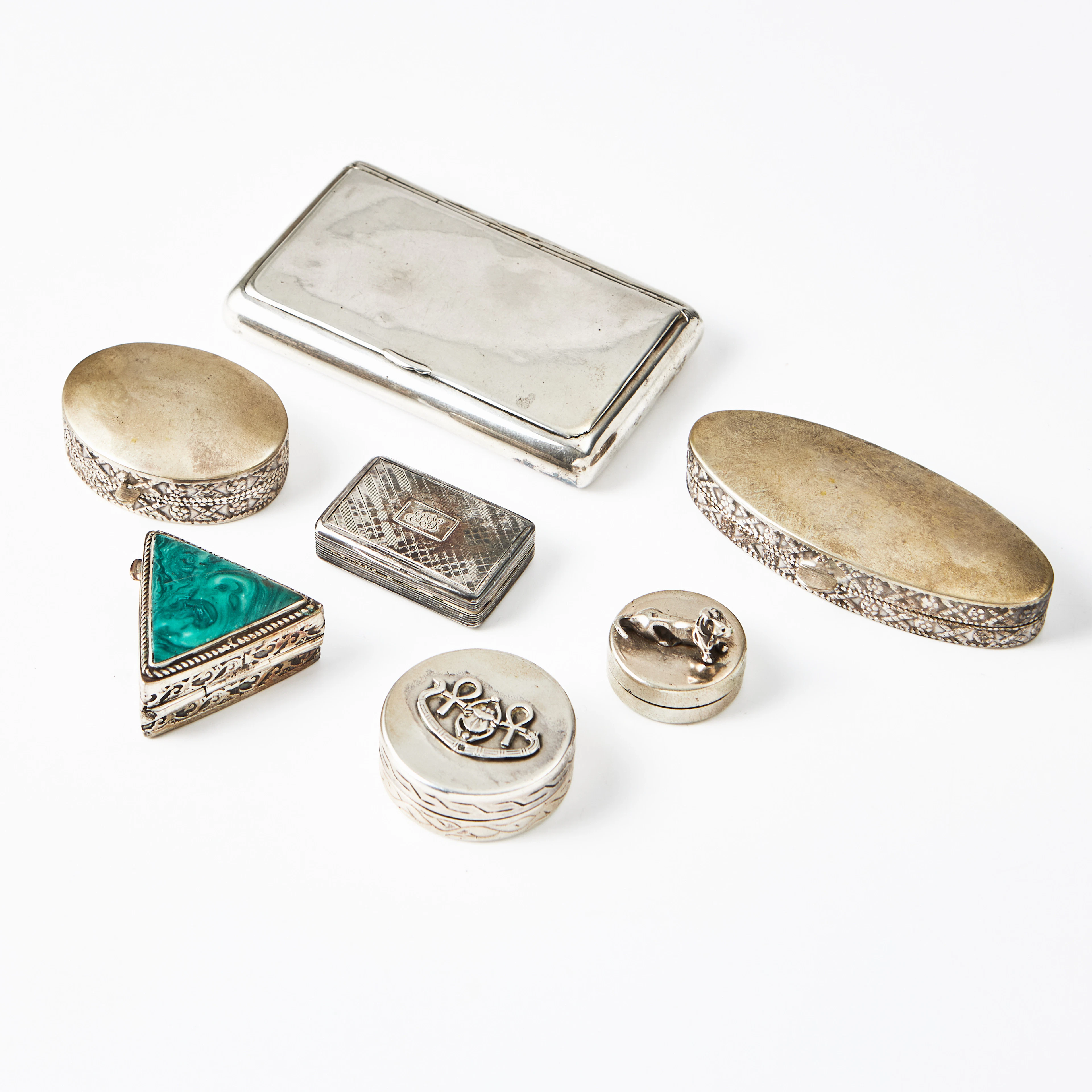 PILLERDOSOR, ASKAR med lock, 5 st., LUKTDOSA, SNUSDOSA, silver, bl.a