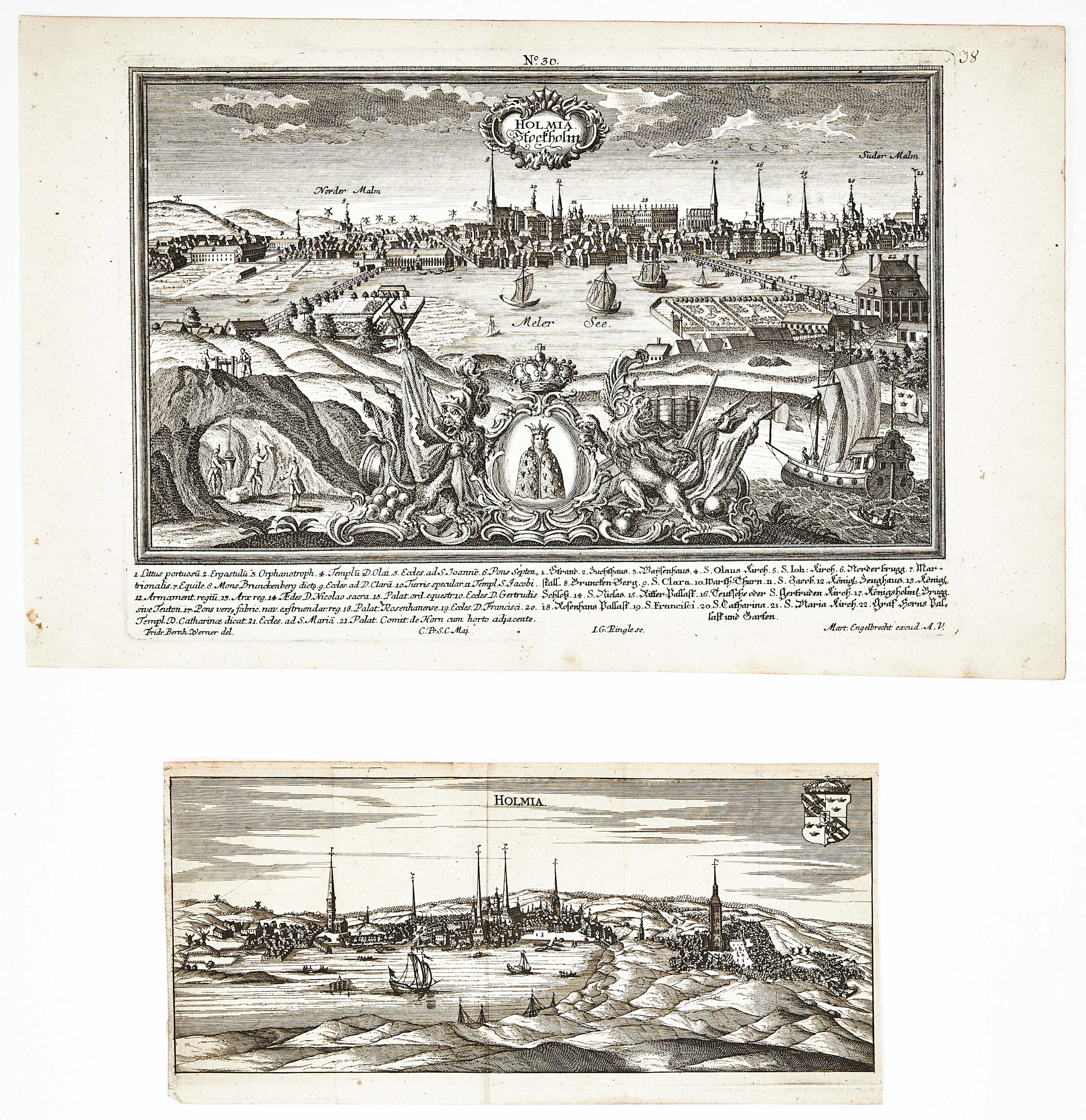 STOCKHOLM, 2 gravyrer, bl.a. Engelbrechts Holmia, 1735.