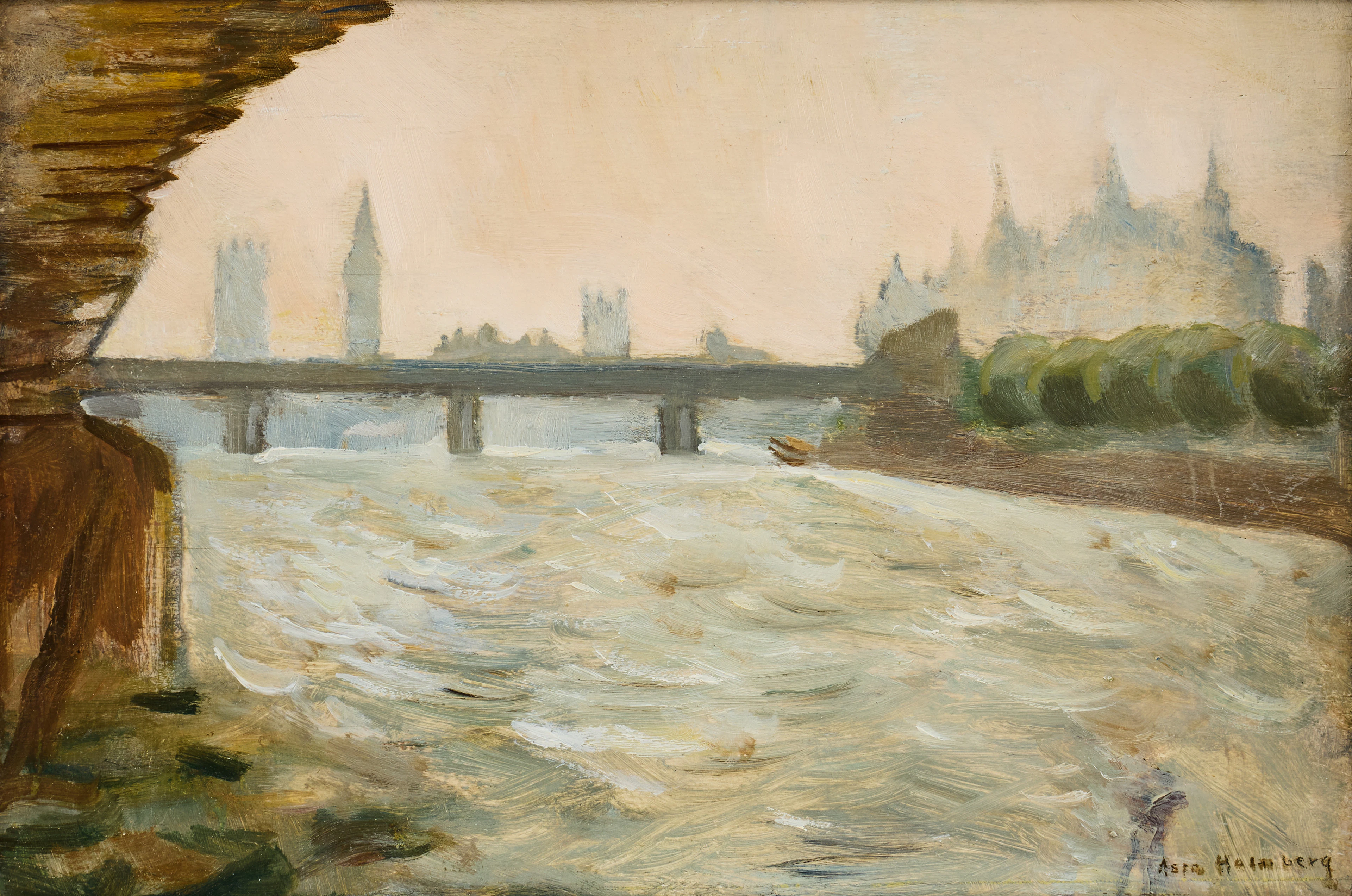 ASTA HOLMBERG (1900-1982). Längs Themsen, London/"Under en bro (London)".