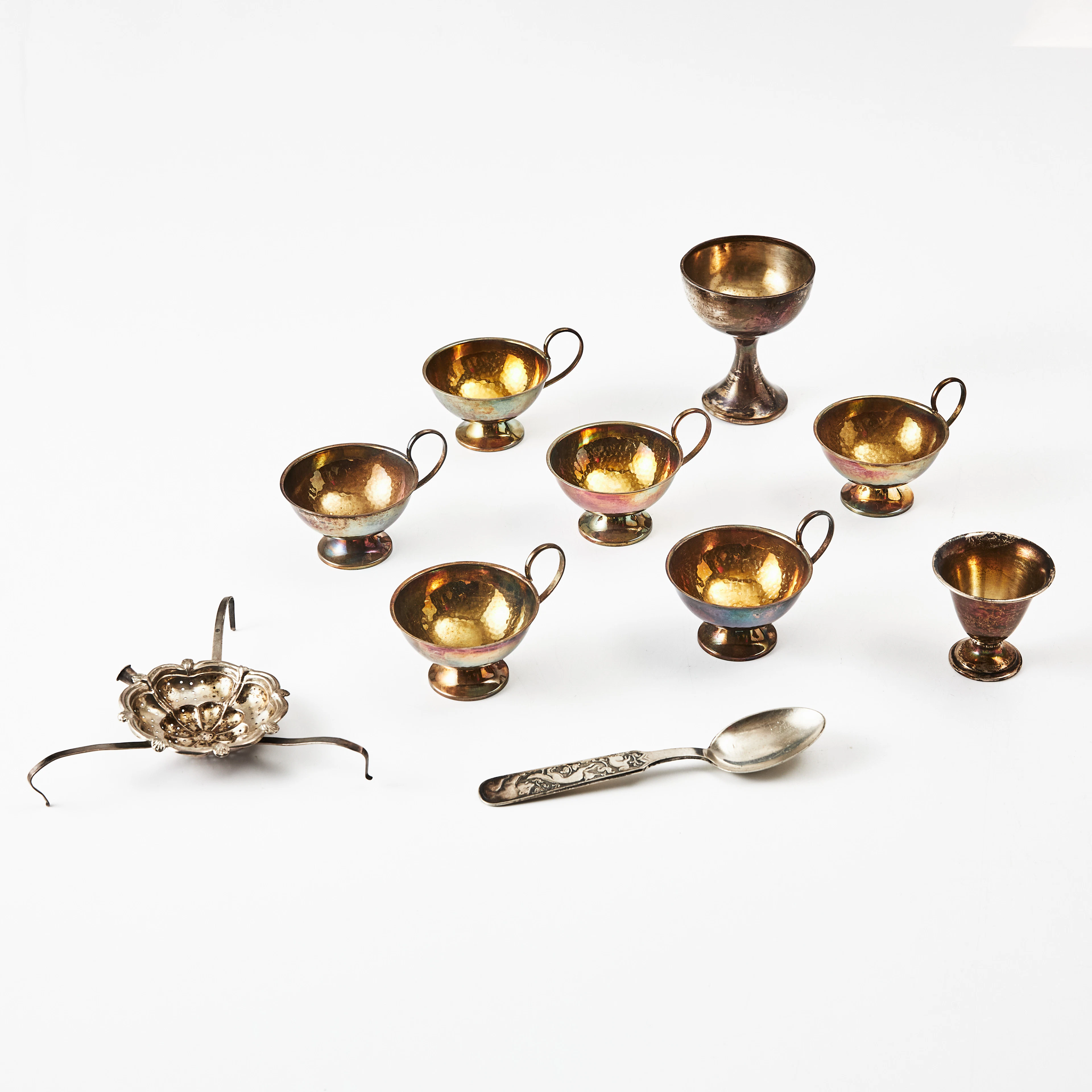 PUNSCHBÄGARE, 6 st., ÄGGKOPP, SKED, TESPINDEL utan skaft, POKAL, silver.