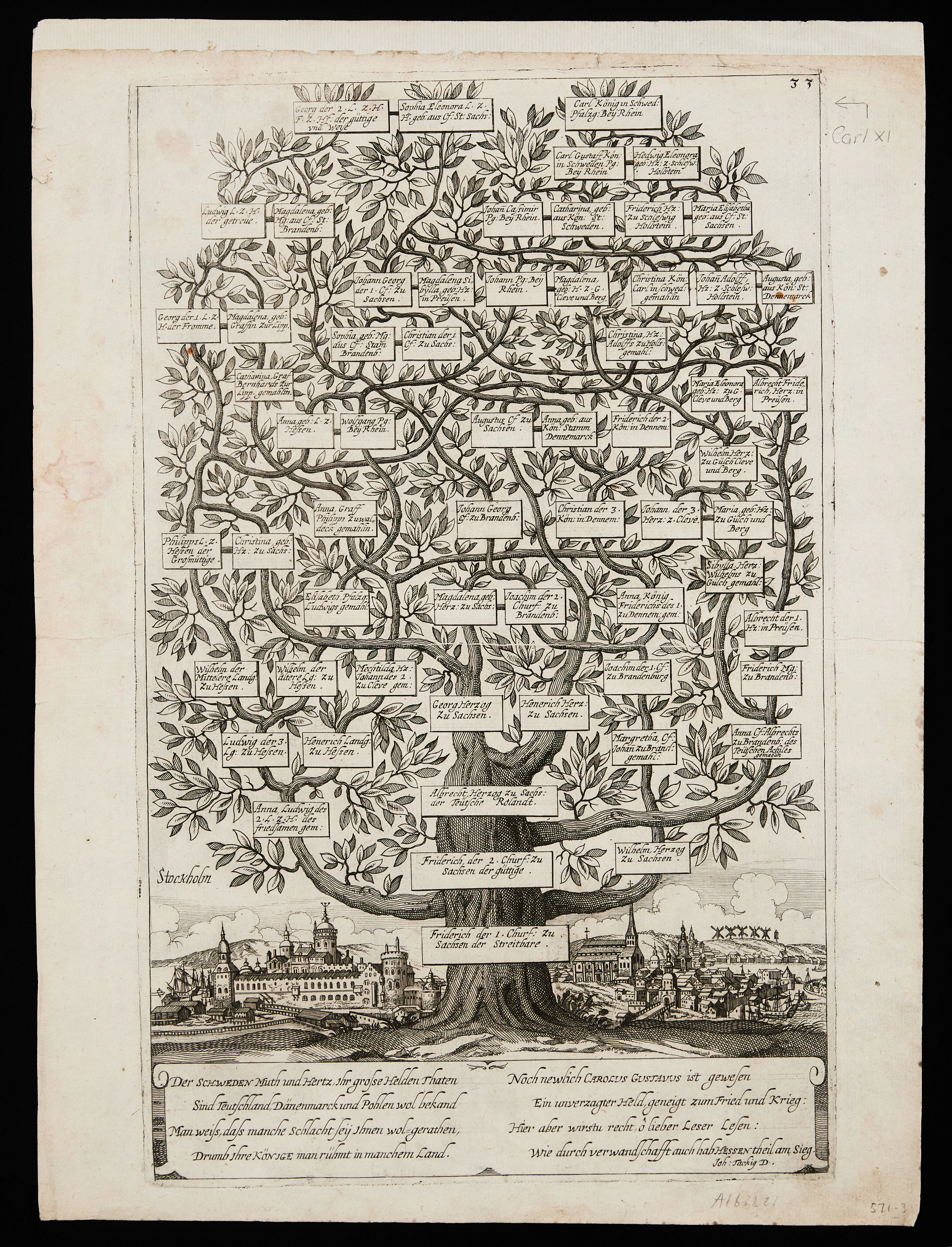 KUNGLIGT SLÄKTTRÄD, gravyr, ca 1666, vy över Stockholm i nedre del