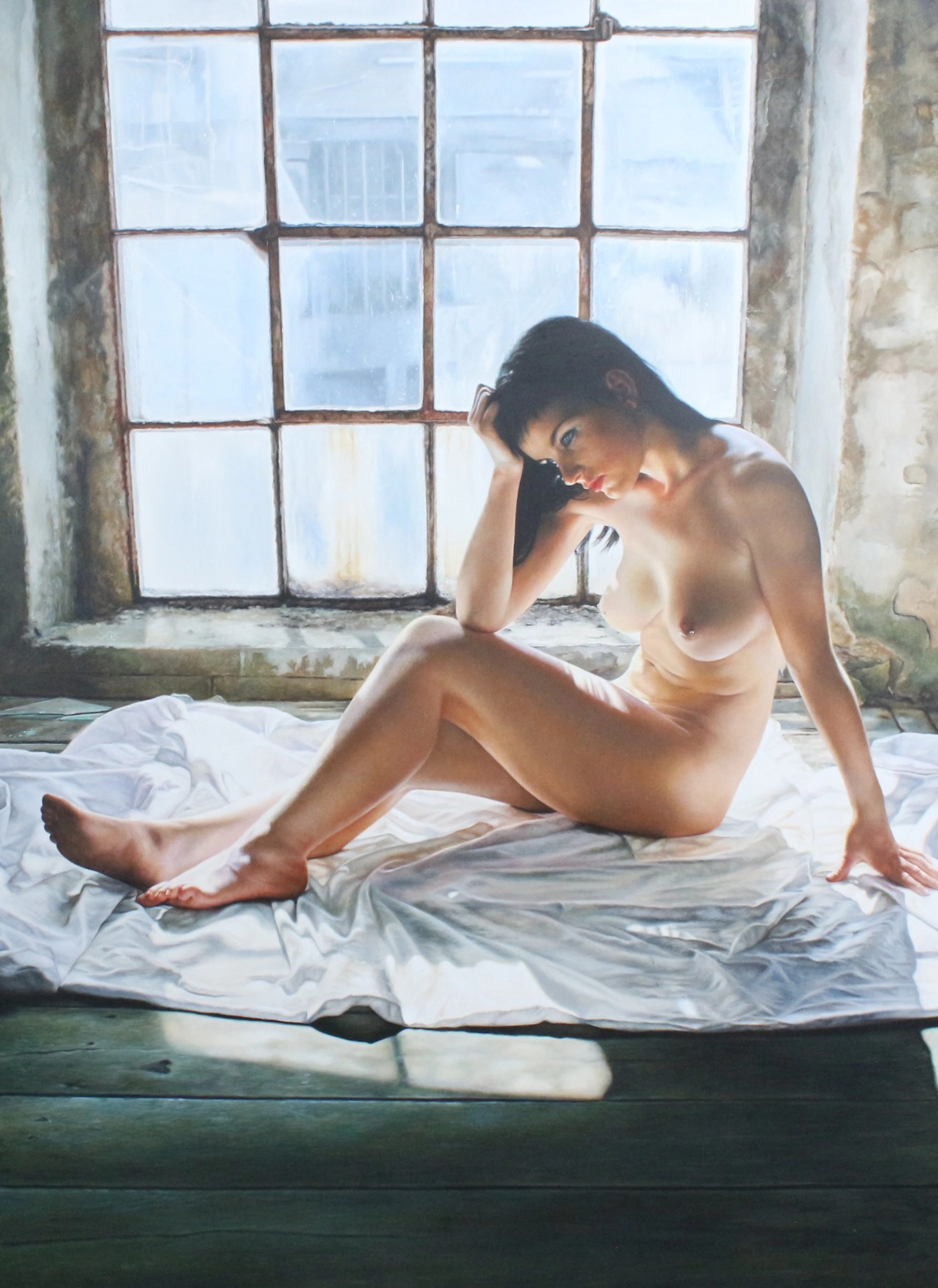 PETER HANDEL (1949). Öl auf Holz, '' Luise im Loft '', (2013).