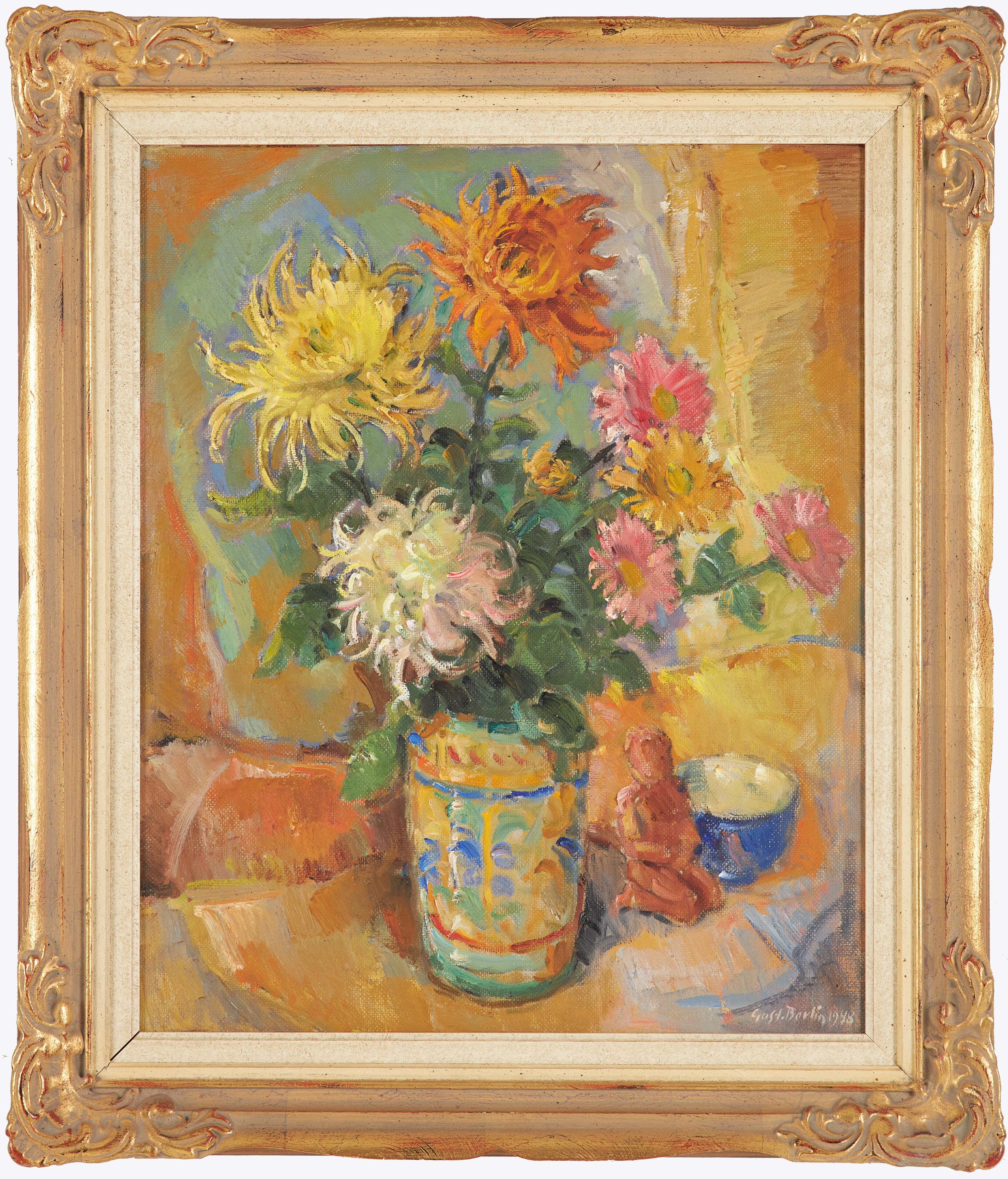 GUSTAV BERLIN. Blomsterstilleben, olja på pannå, signerad och daterad 1948.