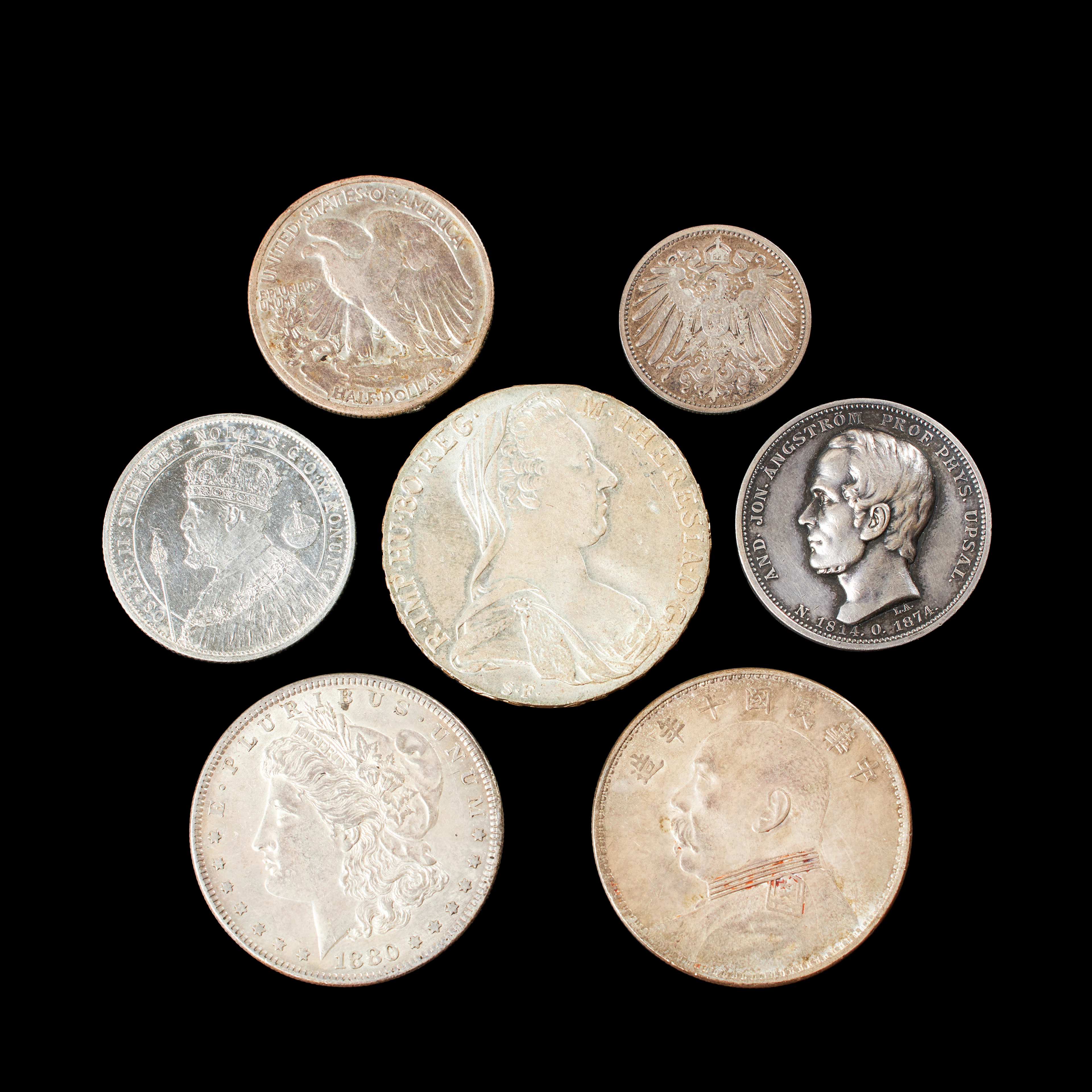 SILVERMYNT samt MEDALJ 7 st, 1 dollar 1880, 1/2 dollar 1939, Maria