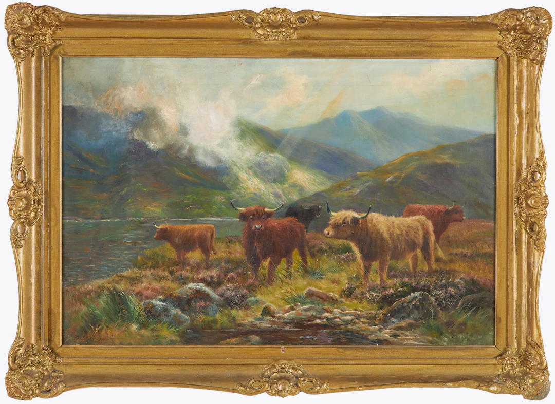 DAVID SHERRIN (1868-1940). Oxar i landskap, olja på duk, signerad.