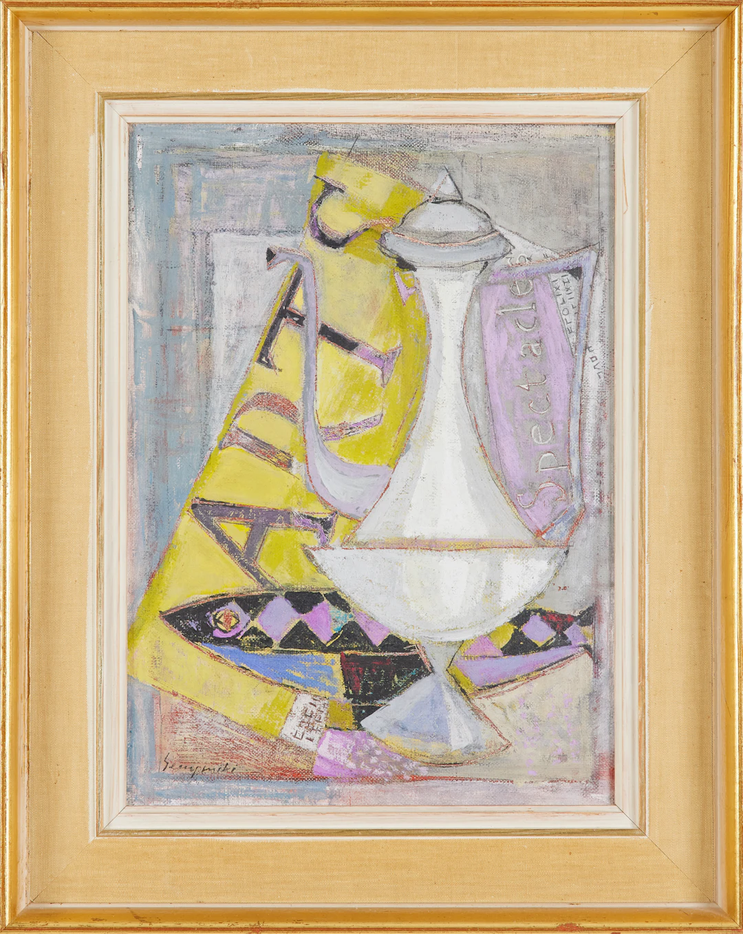 TADEUSZ-MARYA SEMPINSKI. "Kanna och fiskfat", tempera på duk, signerad.