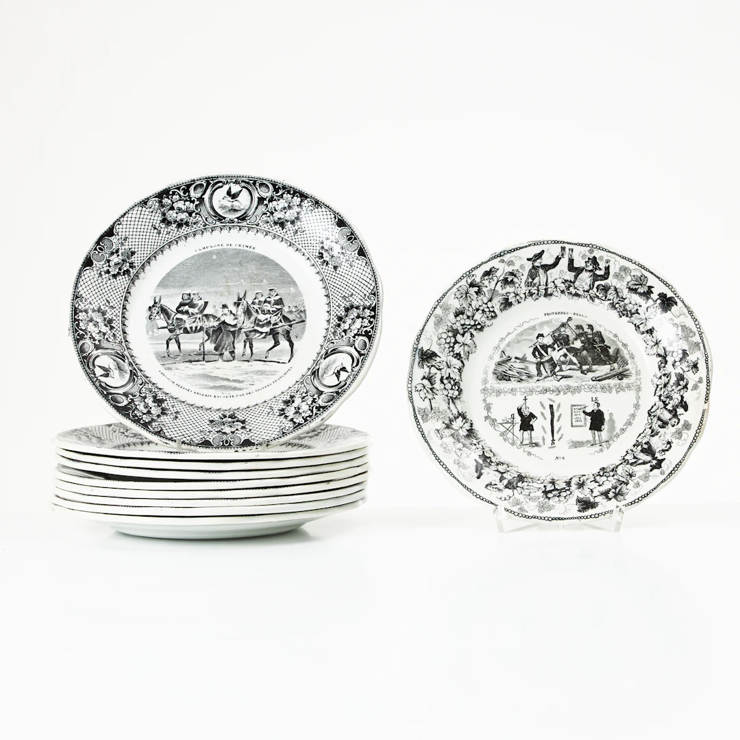 ASSIETTER, 9+1 st, "Assiette parlante", flintgods, militärmotiv, Creil