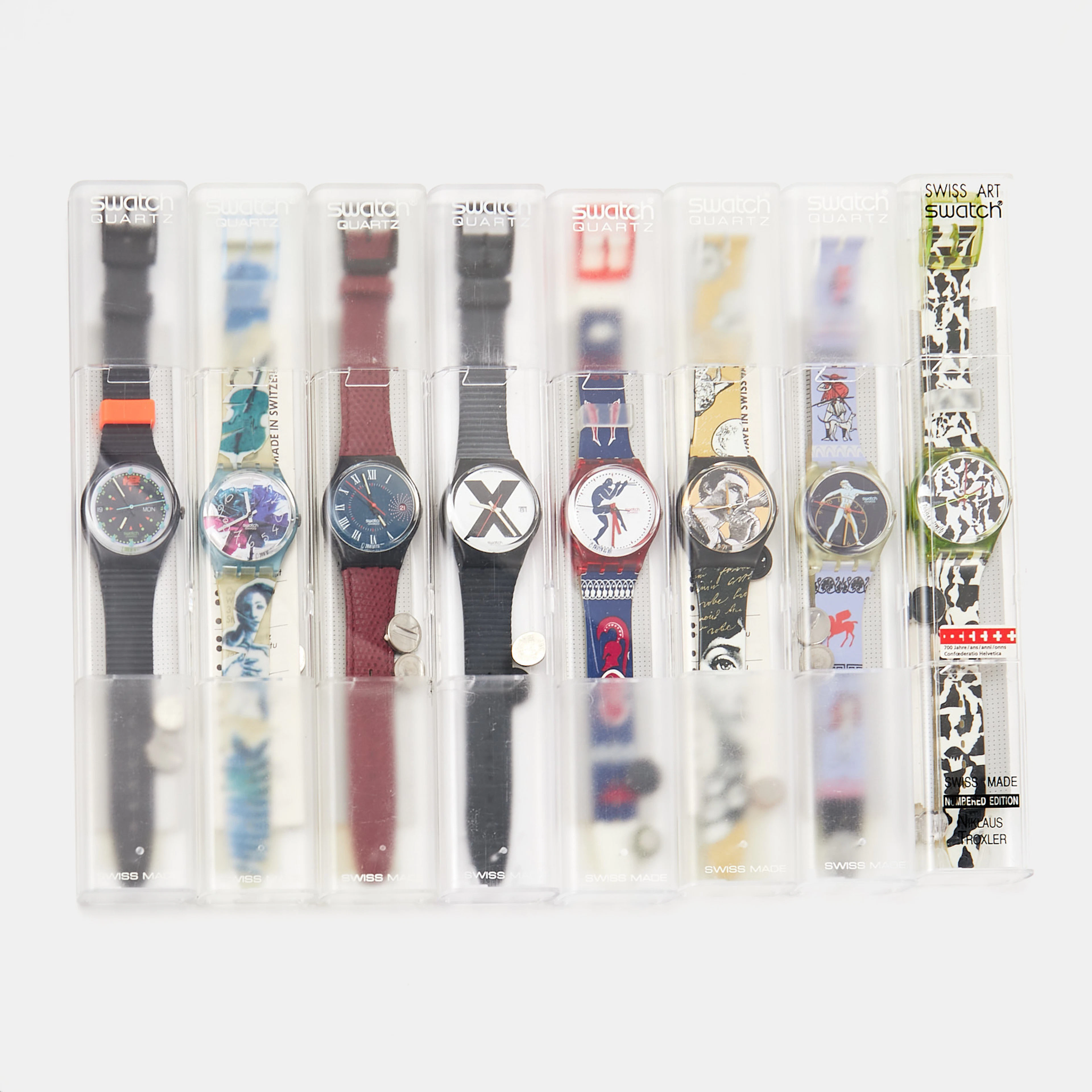 SWATCH, 8 styck, samling armbandsur, 1980/1990-tal, i originalförpackningar.
