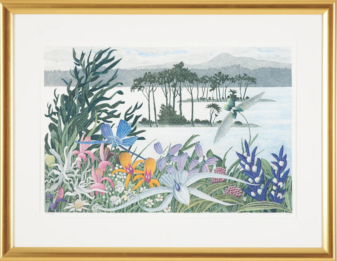 KARL AXEL PEHRSON. Komposition med exotiska blommor, färglitografi