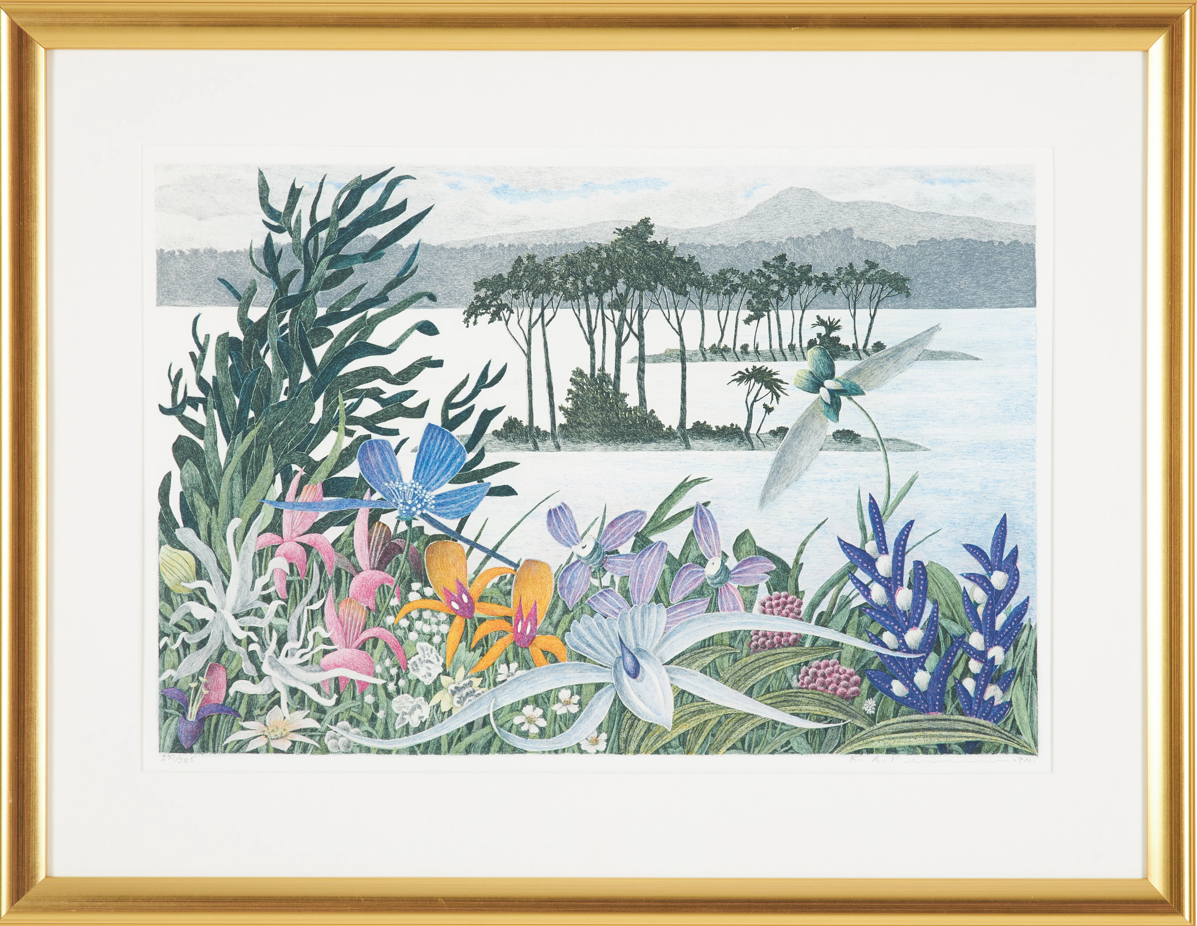 KARL AXEL PEHRSON. Komposition med exotiska blommor, färglitografi