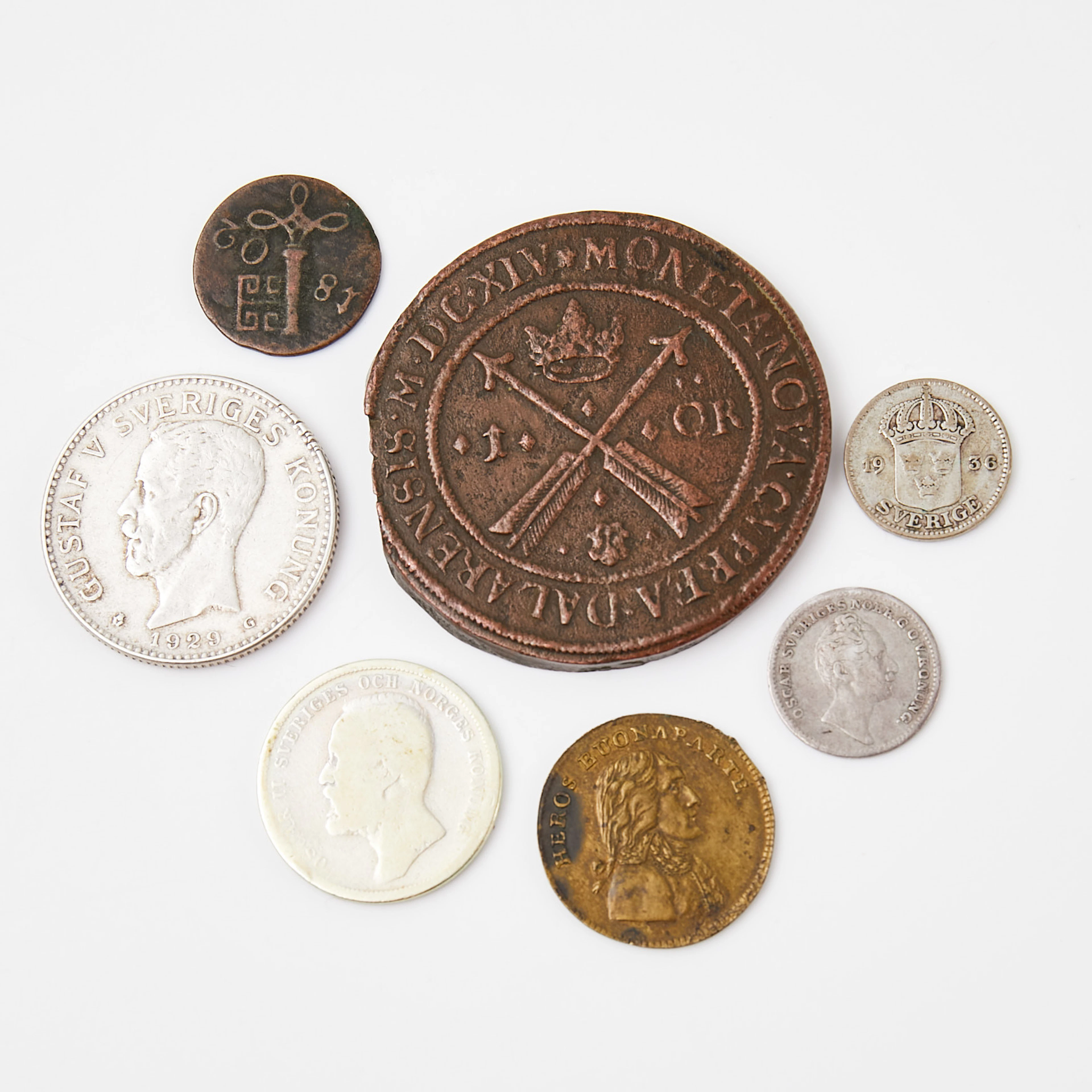 SILVER och KOPPARMYNT, 7 st, drottning Kristina 1 öre 1645, bronsmynt