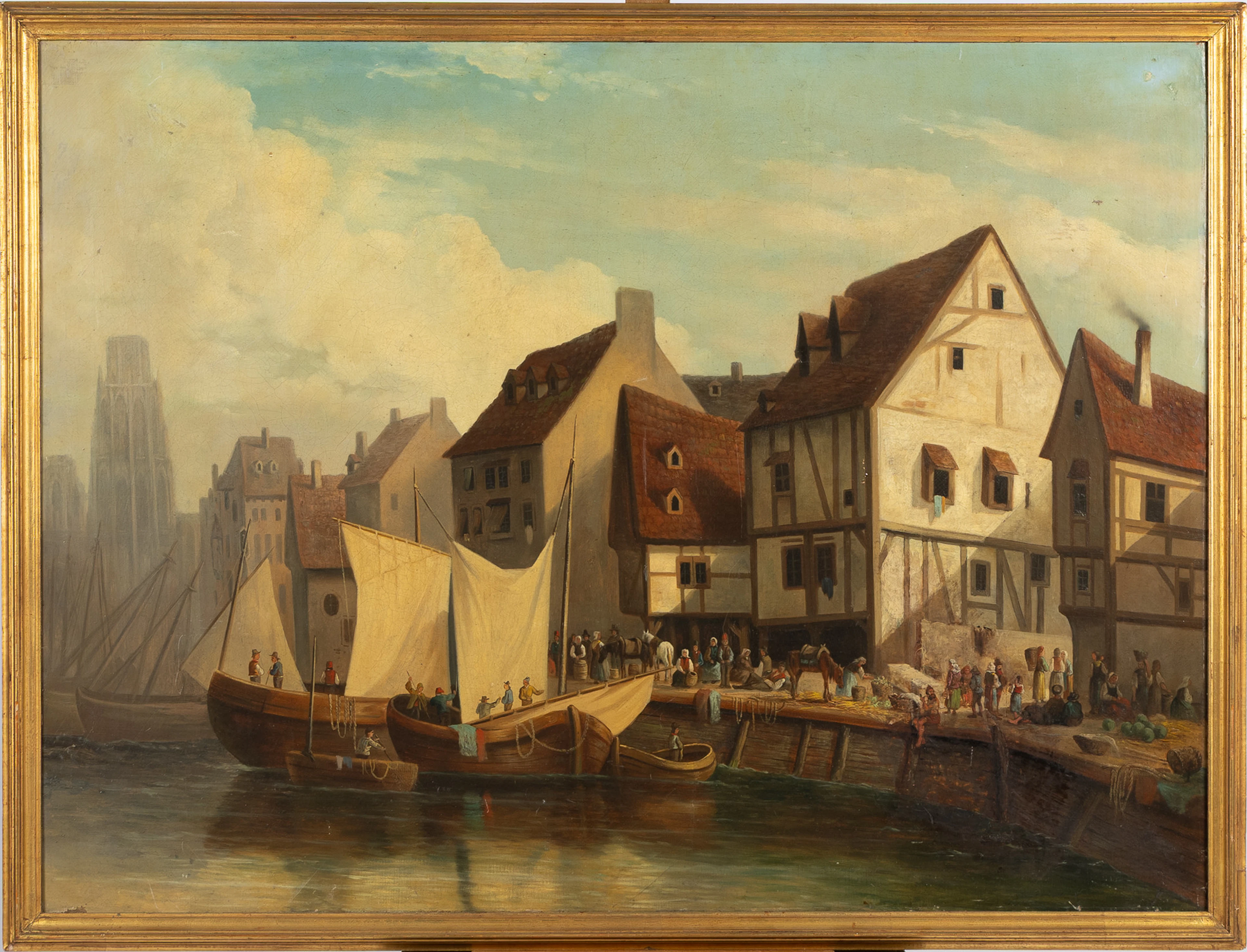 OKÄND KONSTNÄR. Kanalmotiv, troligen Holland, olja på duk, 1800-tal.